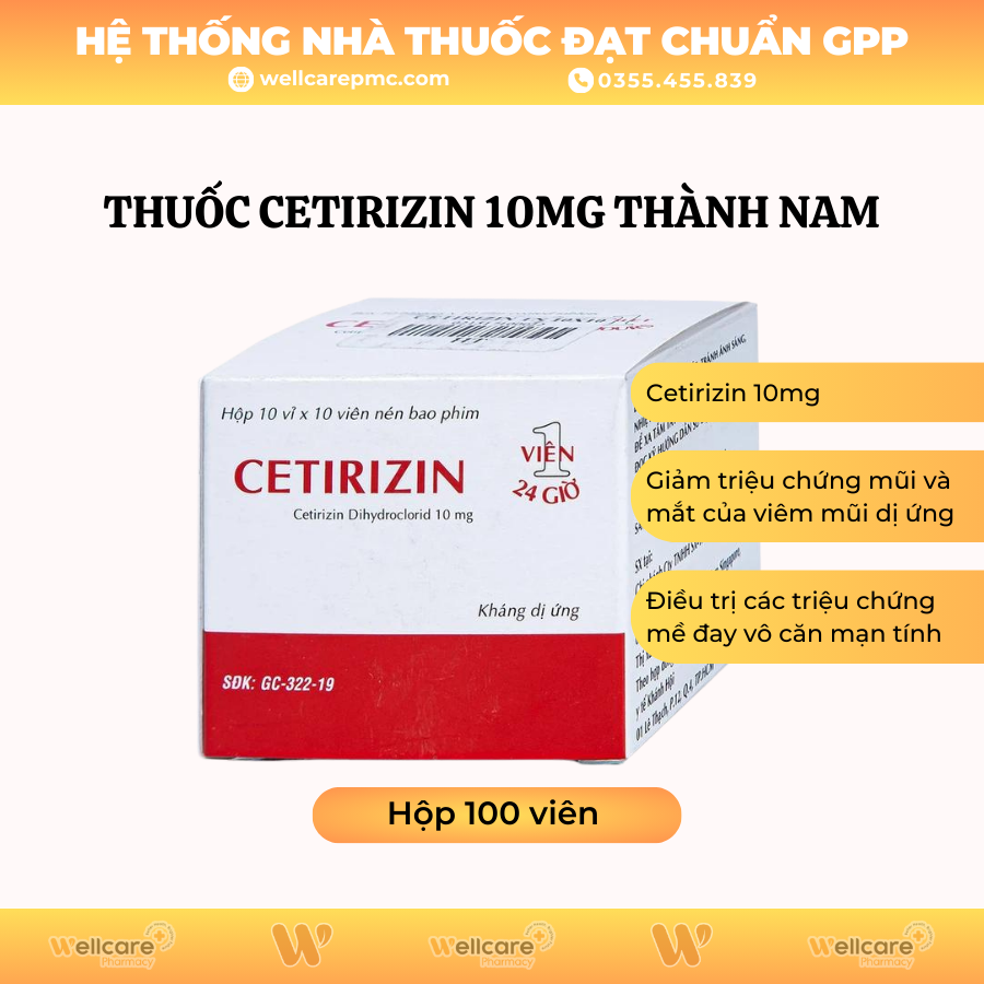 Thuốc Cetirizin 10mg Thành Nam – Hỗ trợ điều trị viêm mũi dị ứng, mày đay (100 viên)