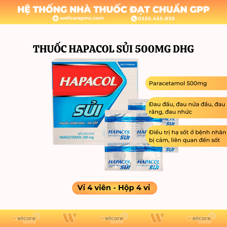 Thuốc Hapacol sủi 500mg DHG – Hỗ trợ giảm đau và hạ sốt (4 vỉ x 4 viên)