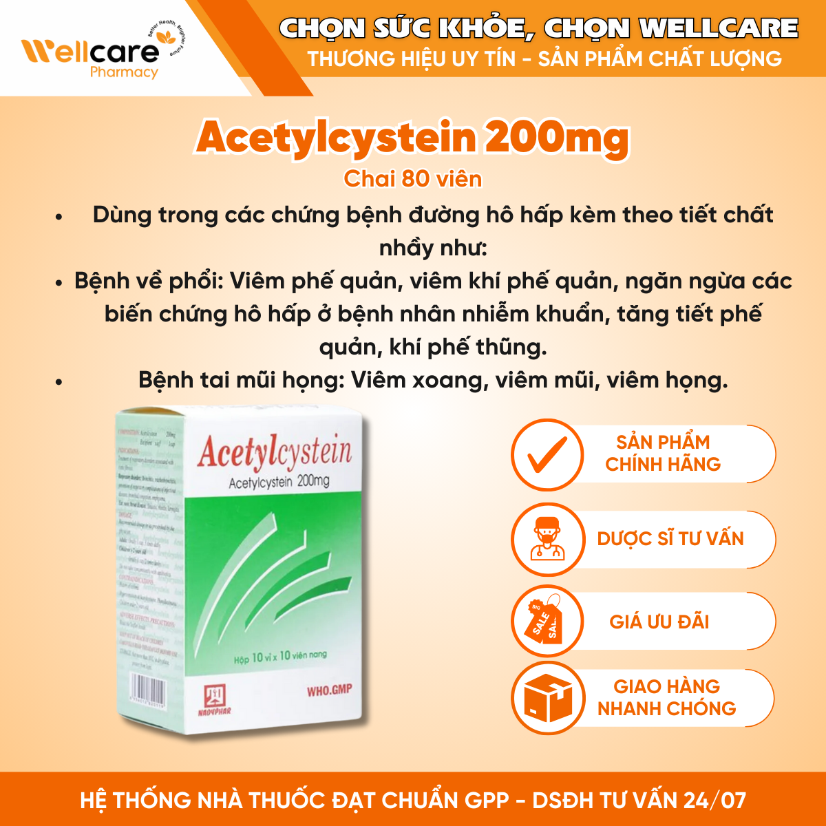 Thuốc Acetylcystein 200mg – Điều trị chứng bệnh đường hô hấp kèm theo tiết chất nhầy (Chai 80 viên)