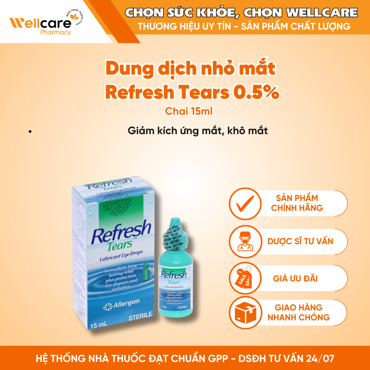 Dung dịch nhỏ mắt Refresh Tears 0.5% – Giảm kích ứng mắt, khô mắt (lọ 15ml)