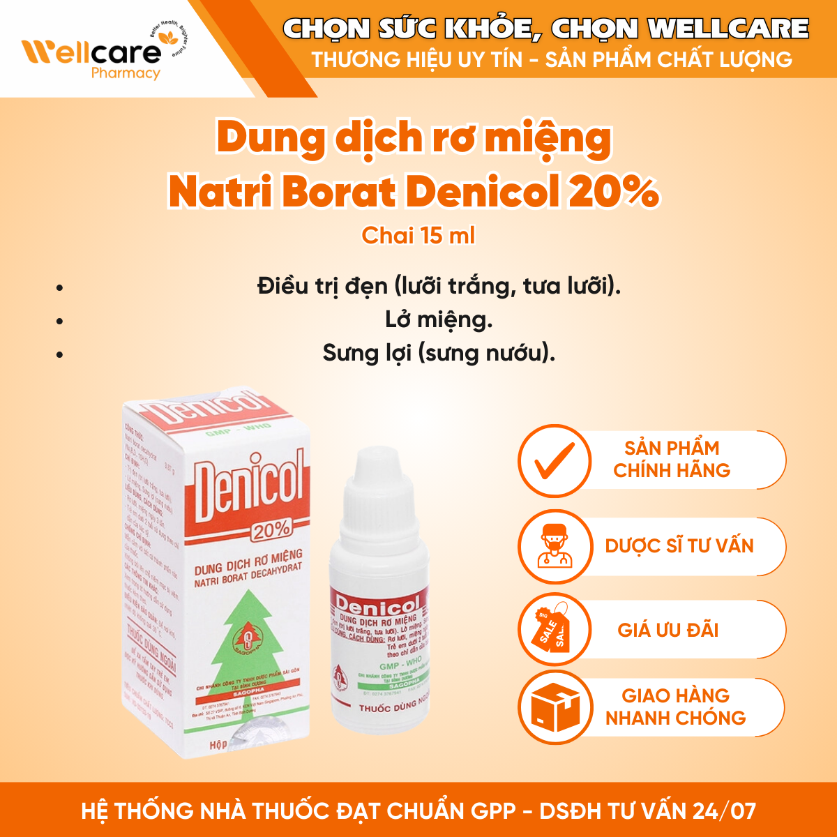 Dung dịch rơ miệng Natri Borat Denicol 20% Sagopha – Điều trị tưa lưỡi, lở miệng, sưng lợi ( Chai 15ml)