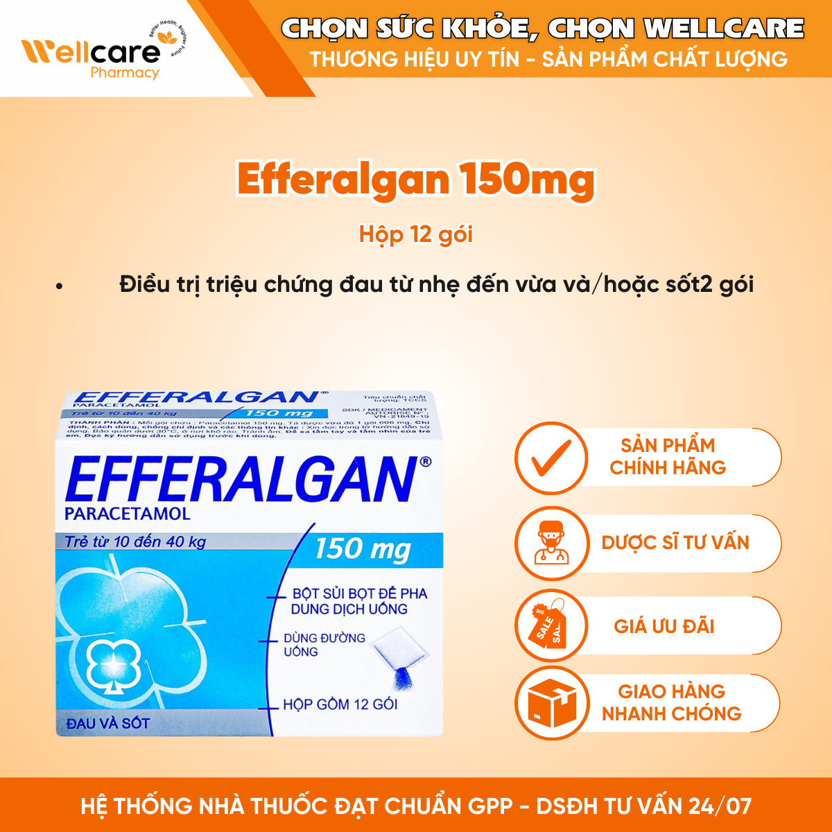 Thuốc Efferalgan 150mg Upsa SAS – Hạ sốt, giảm đau ở trẻ em (12 gói)