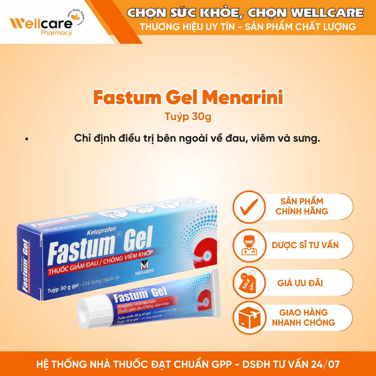 Fastum Gel Menarini – Gel bôi điều trị giảm đau và kháng viêm xương khớp (Tuýp 30g)