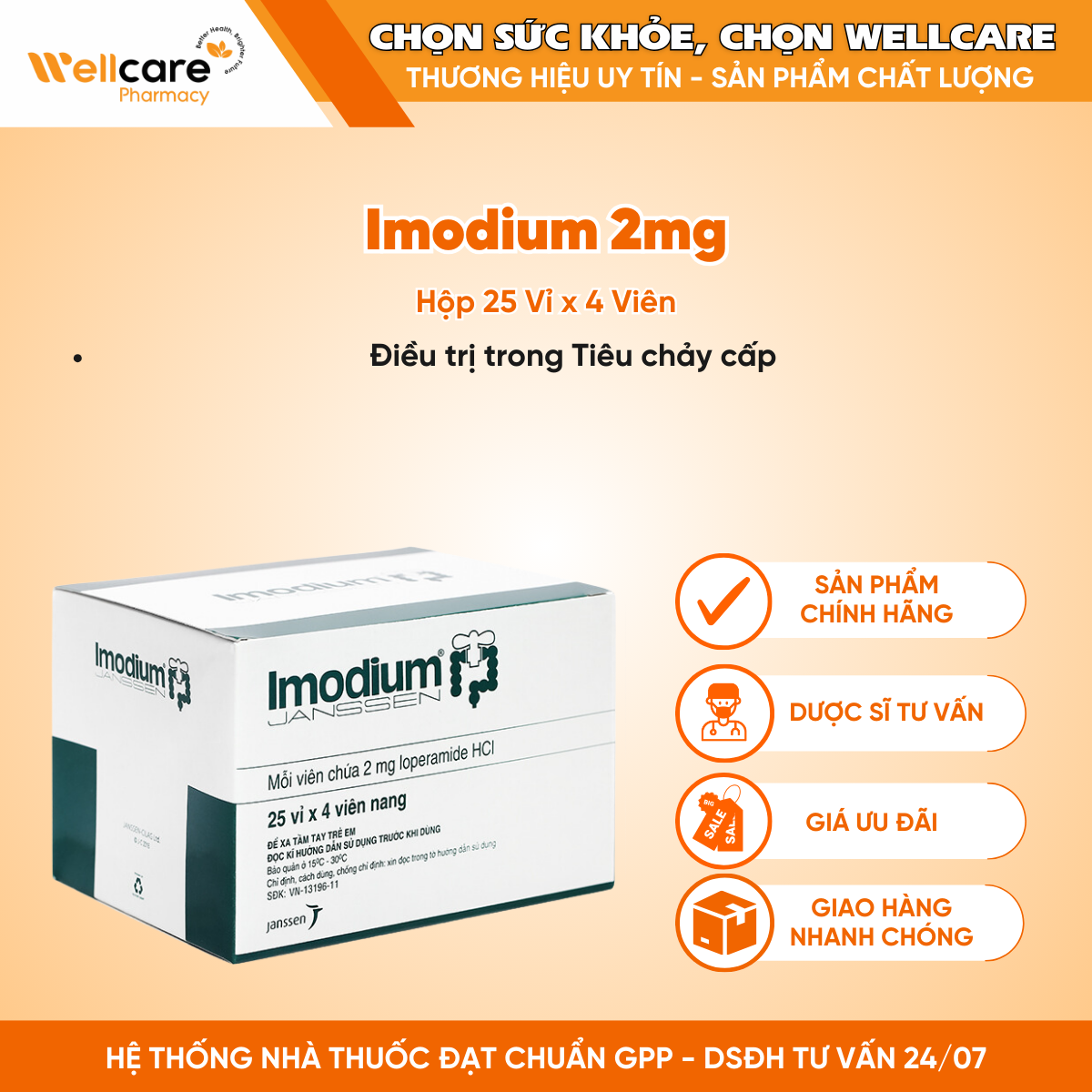 Thuốc Imodium 2mg Janssen – Điều trị tiêu chảy cấp ở người lớn và trẻ em (25 vỉ x 4 viên)