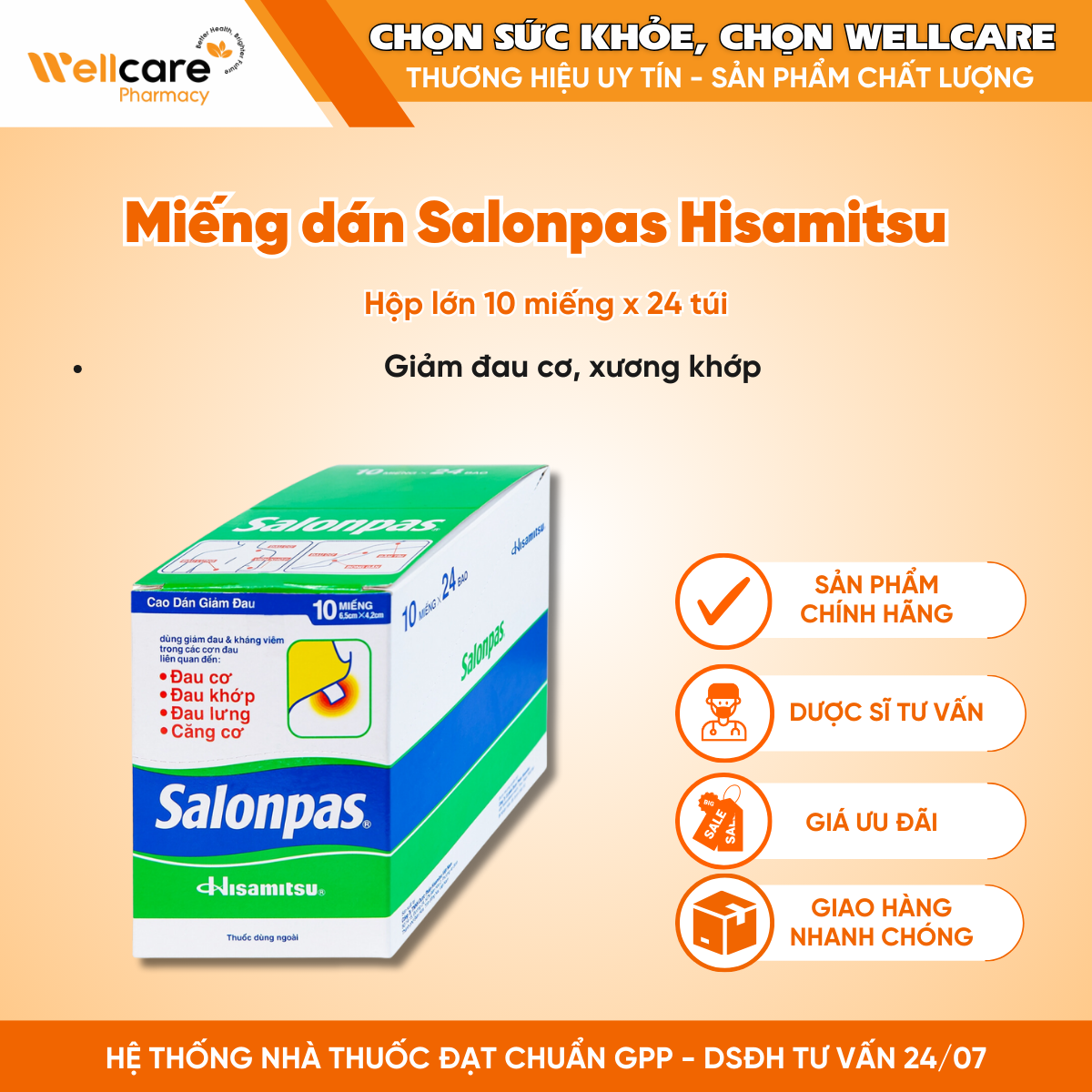 Miếng dán Salonpas Hisamitsu giảm đau cơ, xương khớp (Hộp lớn 10 miếng x 24 túi)