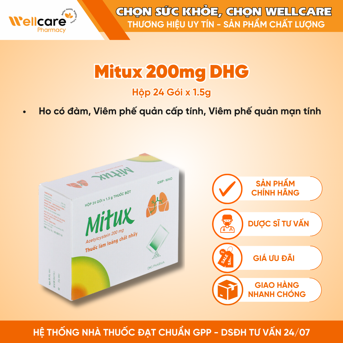 Mitux 200mg DHG – Thuốc làm loãng chất nhầy đường hô hấp (Hộp 24 gói)