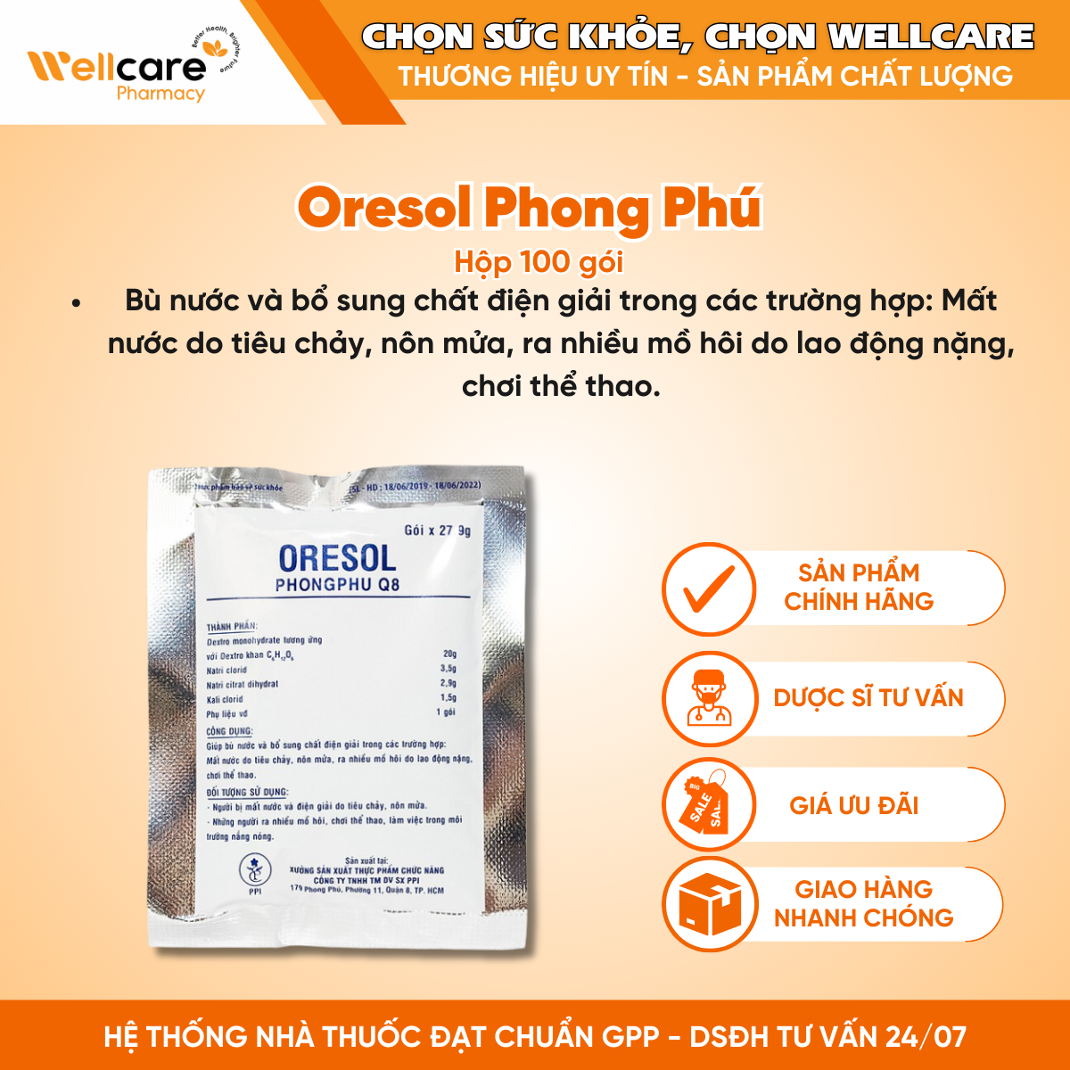 Oresol Phong Phú – Bột bù nước và điện giải (hộp x 10 gói x 27.9g)