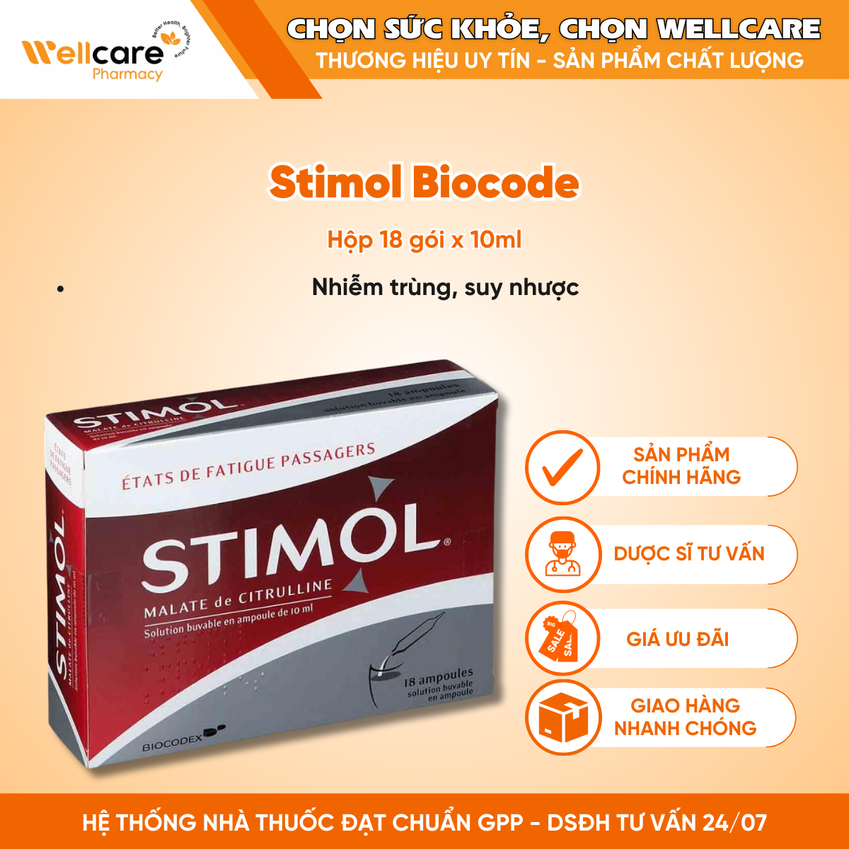 Stimol Biocodex – Phục hồi thể lực, chống suy nhược (Hộp 18 gói x 10ml)