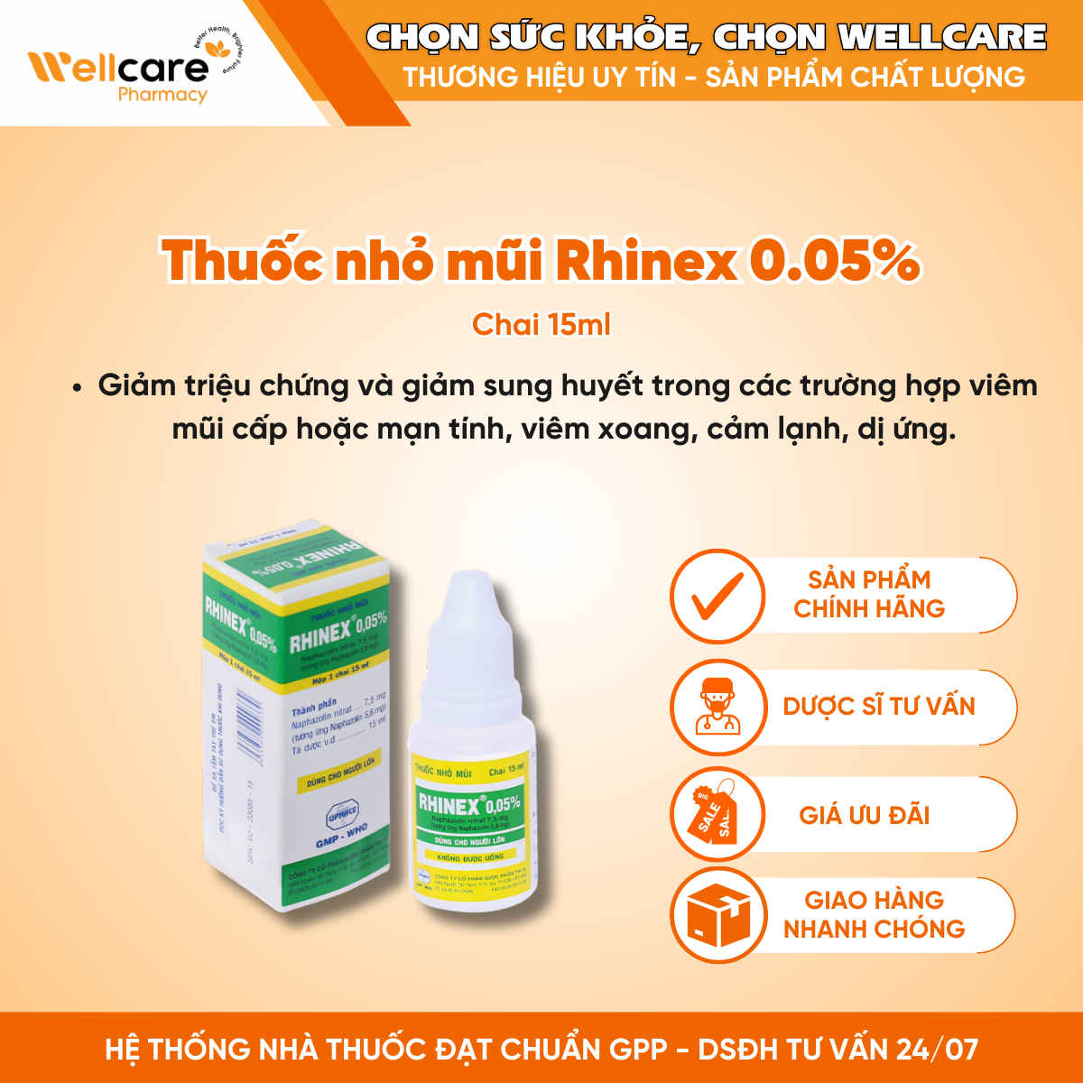 Thuốc nhỏ mũi Rhinex 0.05% – Giảm triệu chứng, sung huyết trong viêm mũi (chai 15ml)