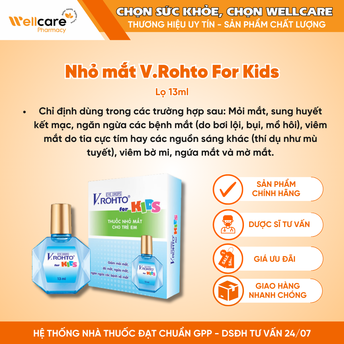 Dung dịch nhỏ mắt V.Rohto For Kids – Giảm mỏi mắt, sung huyết kết mạc (lọ 13ml)