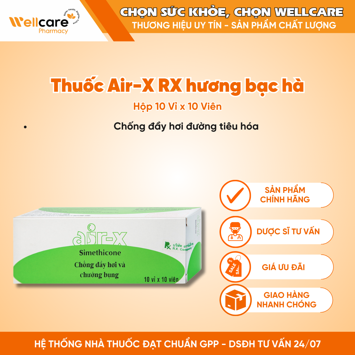 Thuốc Air-X RX hương bạc hà – Chống đầy hơi đường tiêu hóa (10 vỉ x 10 viên)