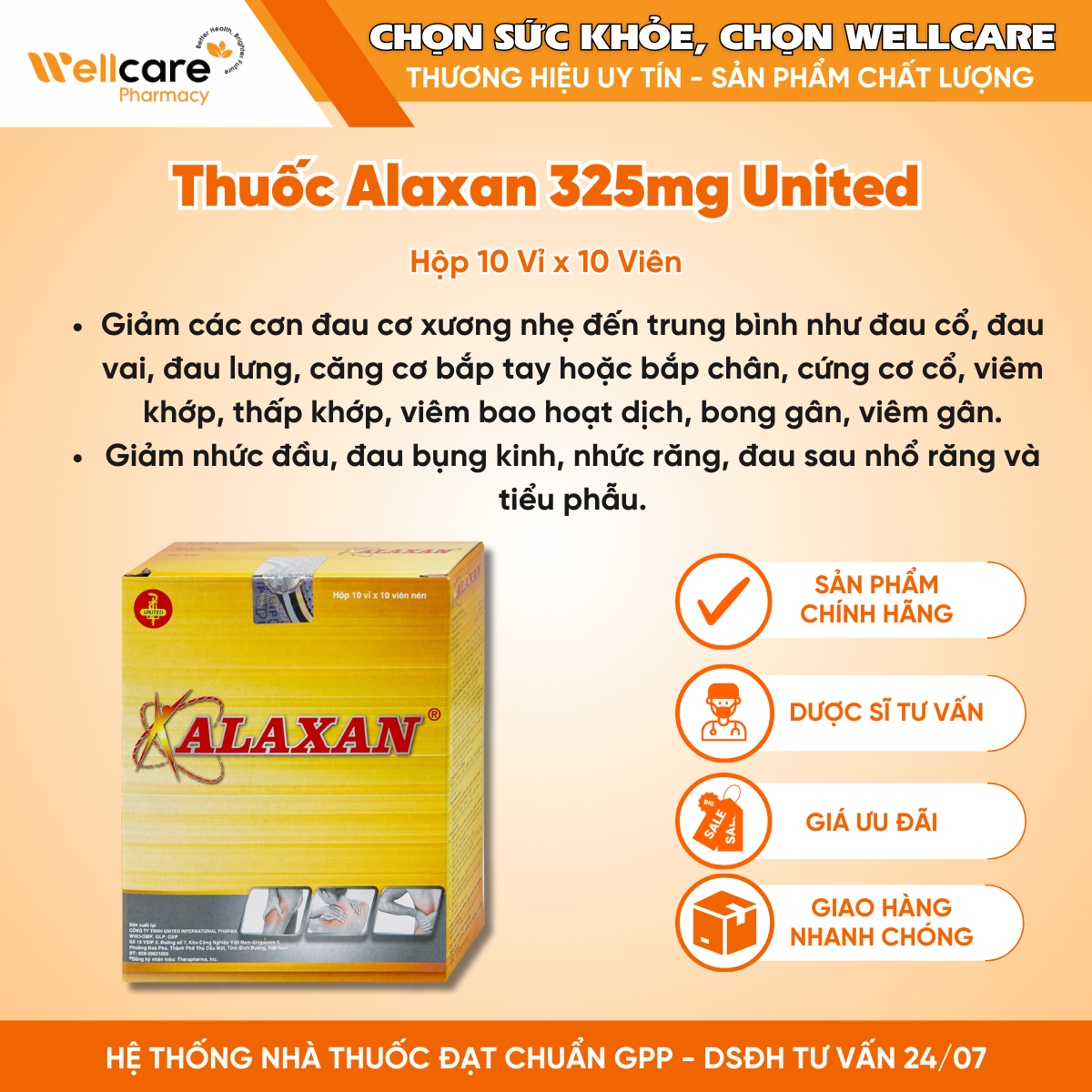 Thuốc Alaxan 325mg United – Hỗ trợ giảm các cơn đau xương khớp (10 vỉ x 10 viên)