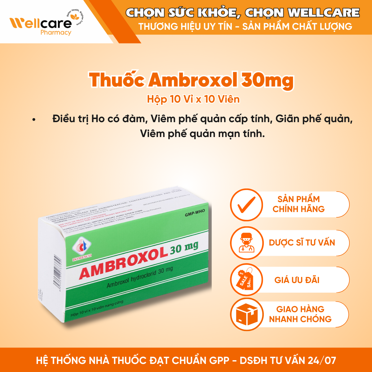 Thuốc Ambroxol 30mg Domesco – Điều trị bệnh đường hô hấp (10 vỉ x 10 viên)