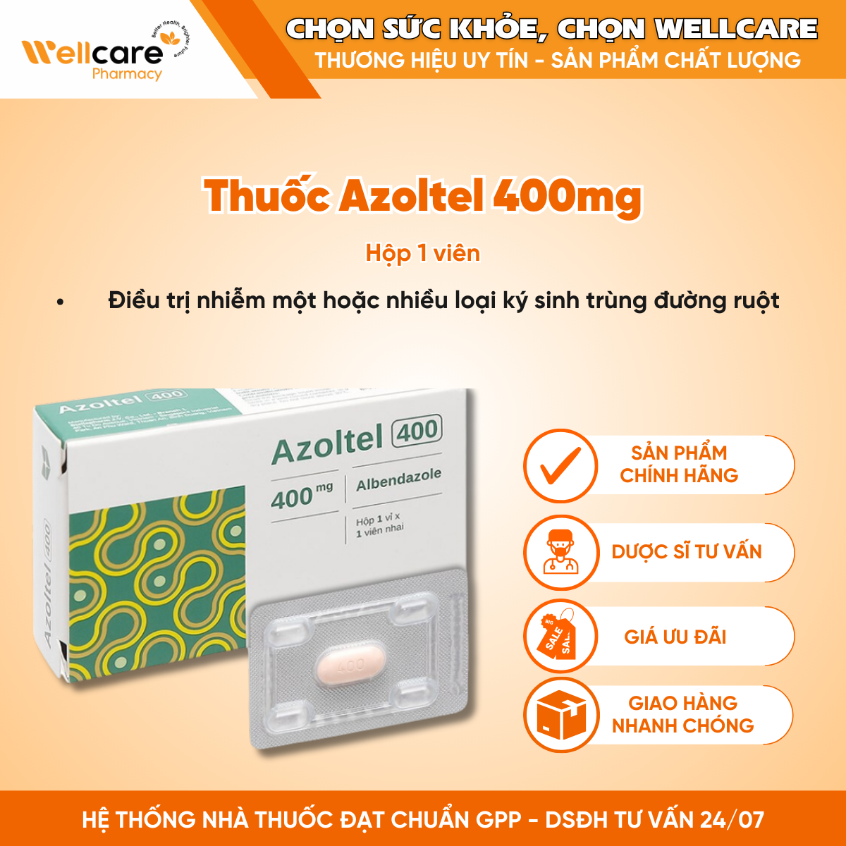 Thuốc Azoltel 400mg Stella – Điều trị nhiễm một hoặc nhiều loại ký sinh trùng đường ruột (1 viên)