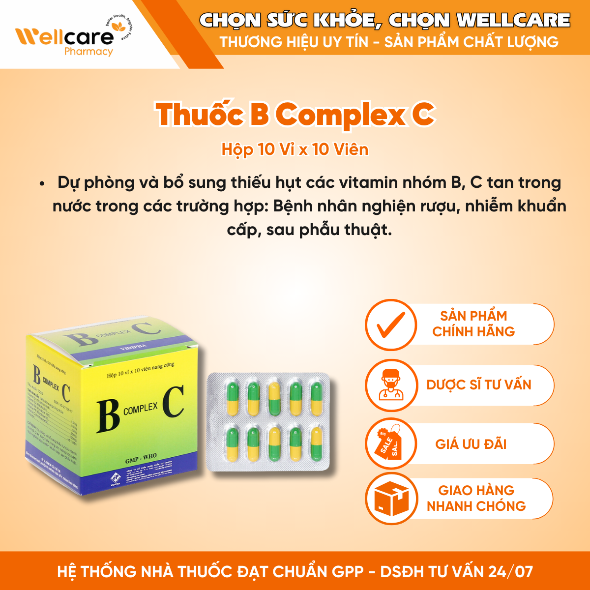 Thuốc B Complex C bổ sung vitamin nhóm B và vitamin C (10 vỉ x 10 viên)