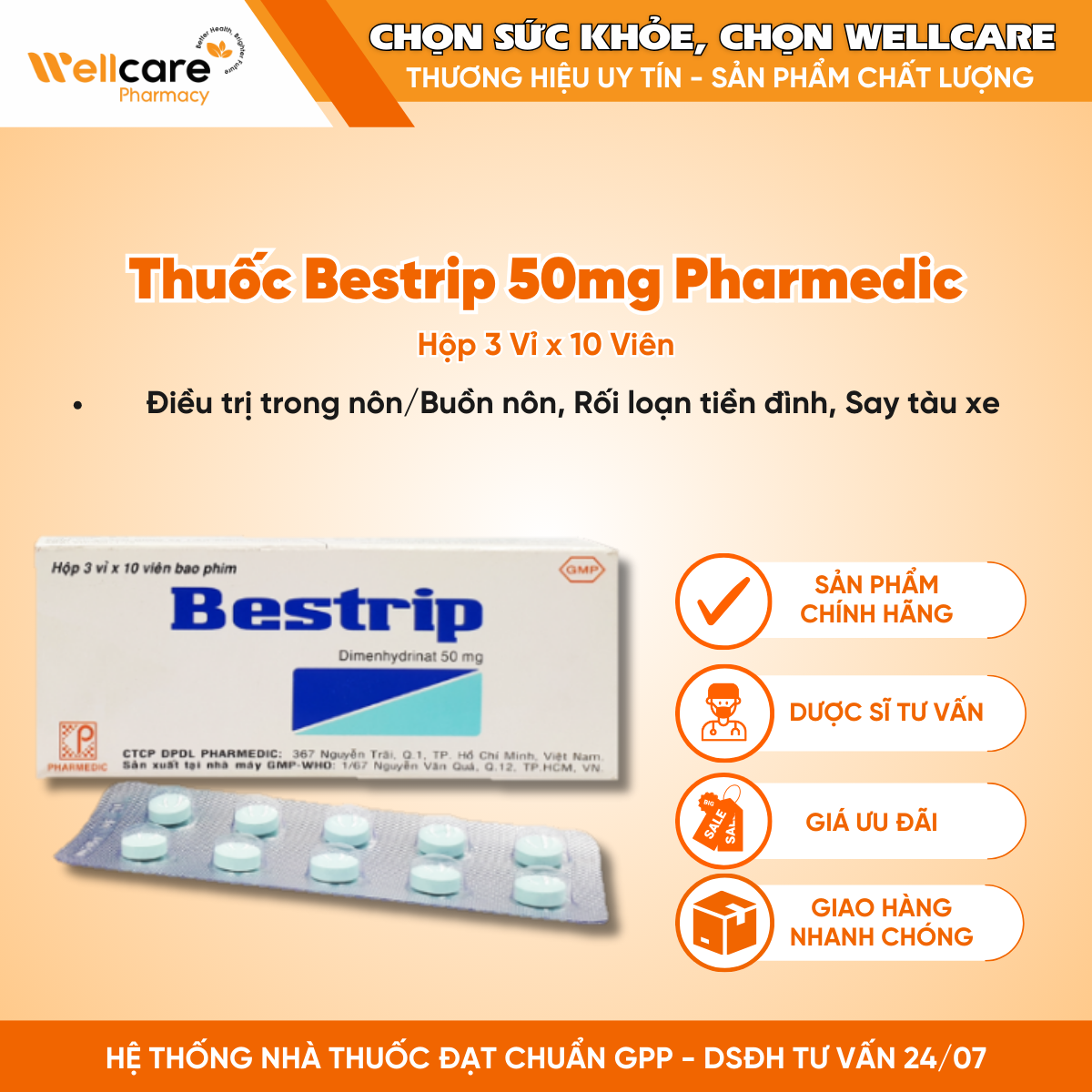 Thuốc Bestrip 50mg Pharmedic – Điều trị các chứng buồn nôn, say tàu xe (3 vỉ x 10 viên)