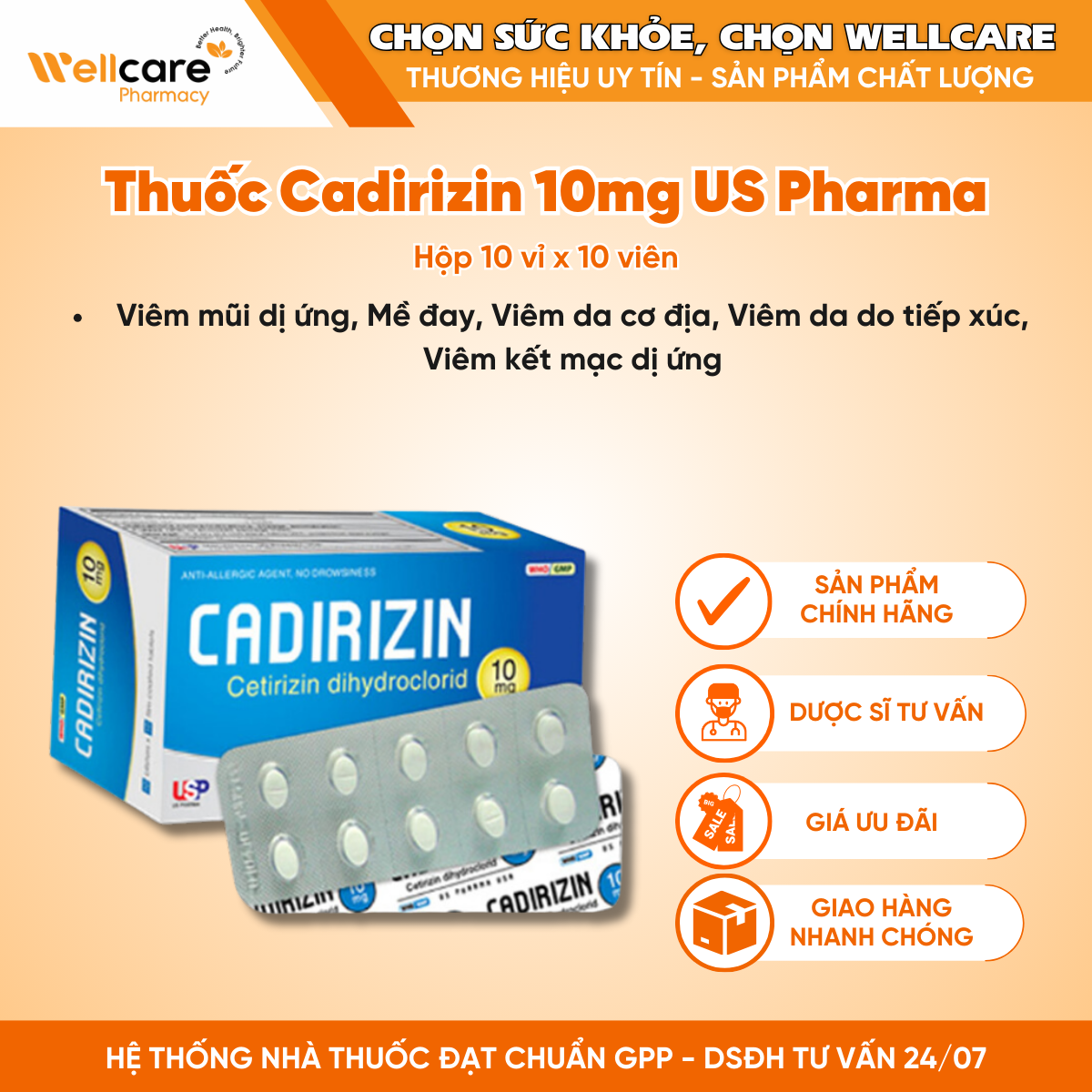 Thuốc Cadirizin 10mg US Pharma – Điều trị viêm mũi dị ứng, mày đai (Hộp 10 vỉ x 10 viên)