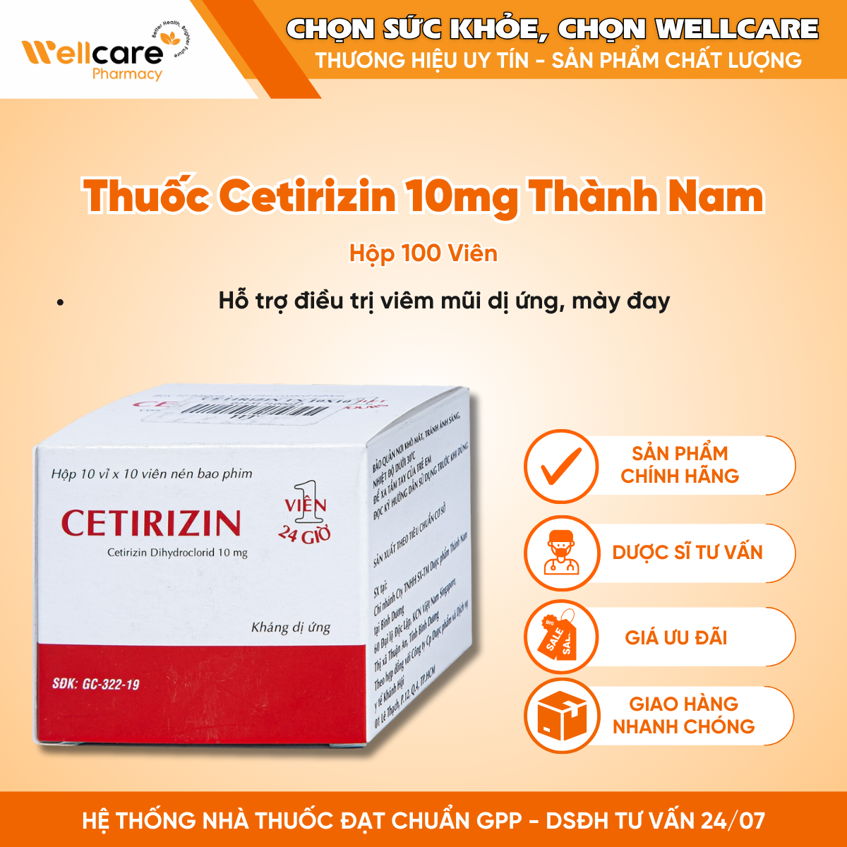 Thuốc Cetirizin 10mg Thành Nam – Hỗ trợ điều trị viêm mũi dị ứng, mày đay (100 viên)