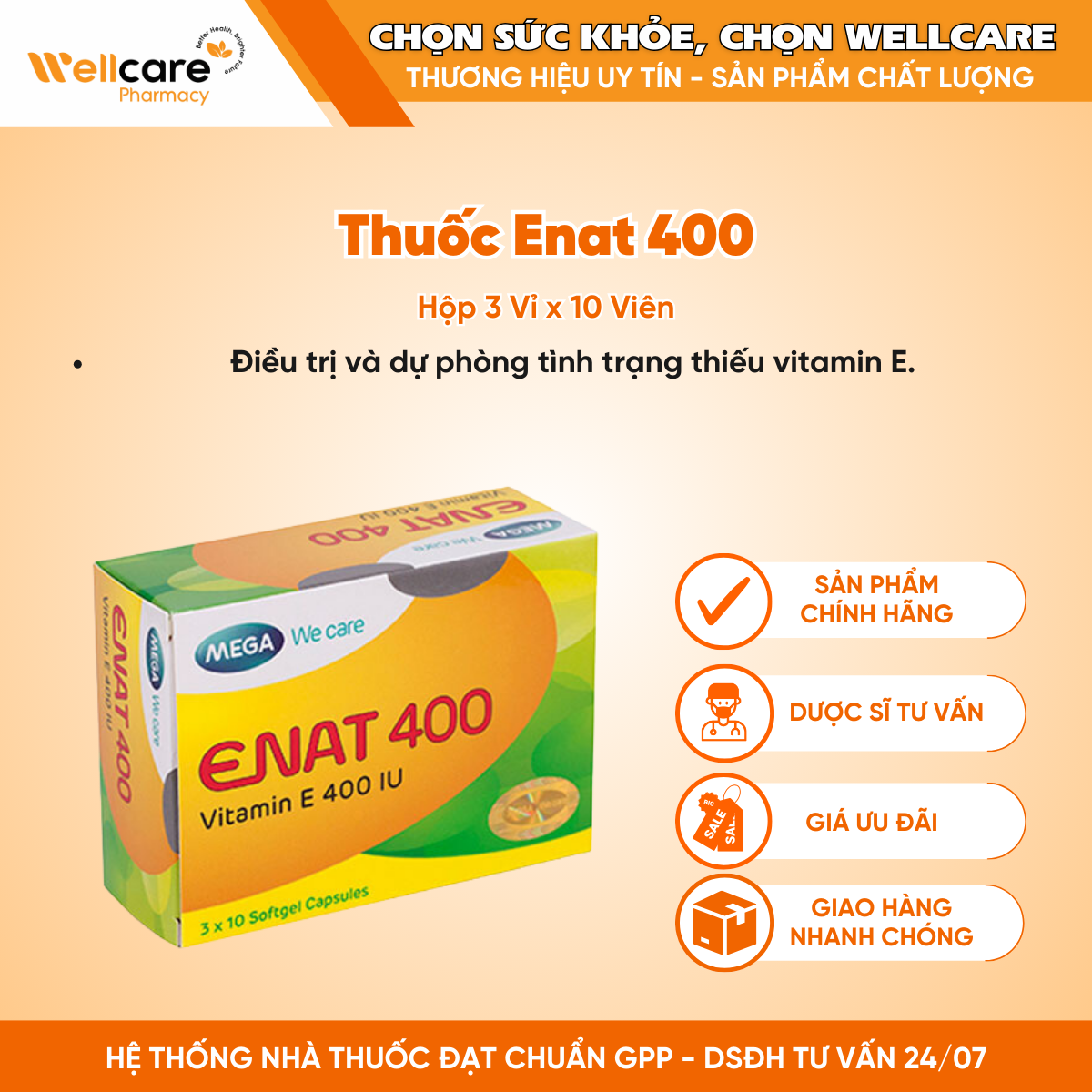 Thuốc Enat 400 bổ sung vitamin E, ngừa lão hóa (3 vỉ x 10 viên)