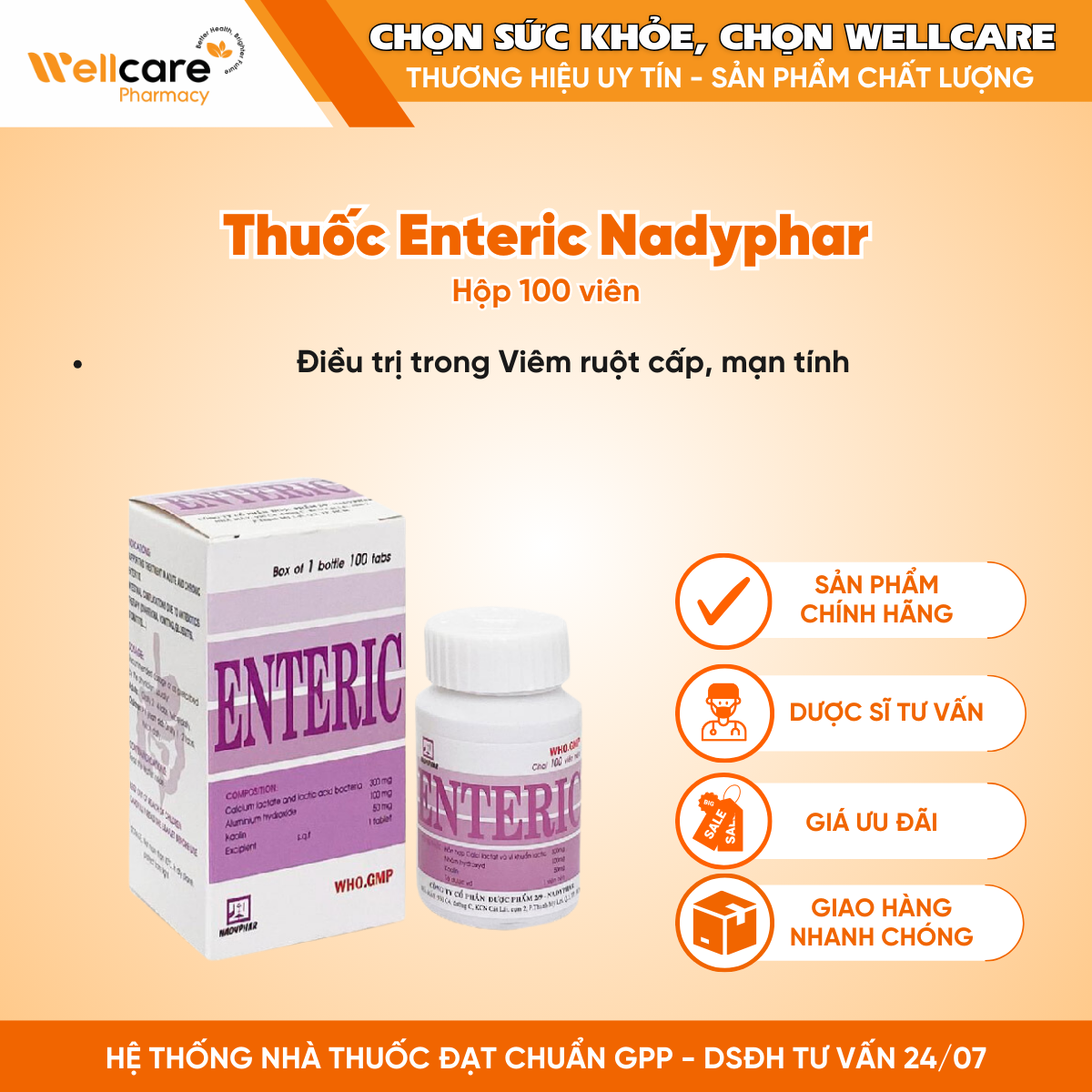 Thuốc Enteric Nadyphar – Điều trị viêm ruột cấp, mạn tính (100 viên)