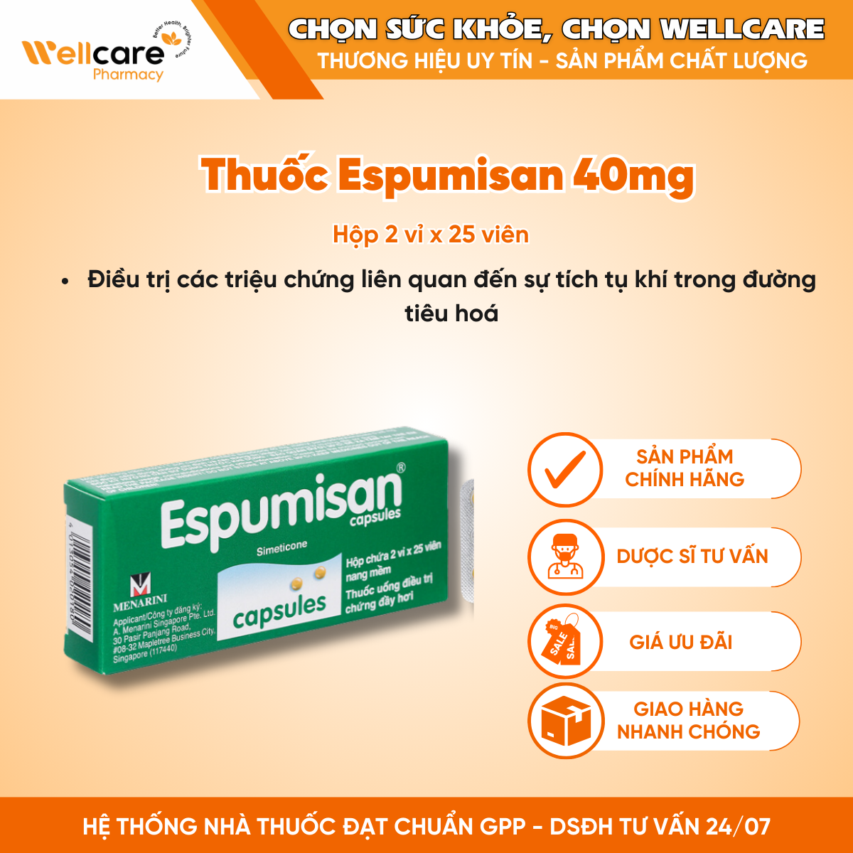 Thuốc Espumisan 40mg Menarini – Điều trị đầy hơi, chướng bụng (2 vỉ x 25 viên)