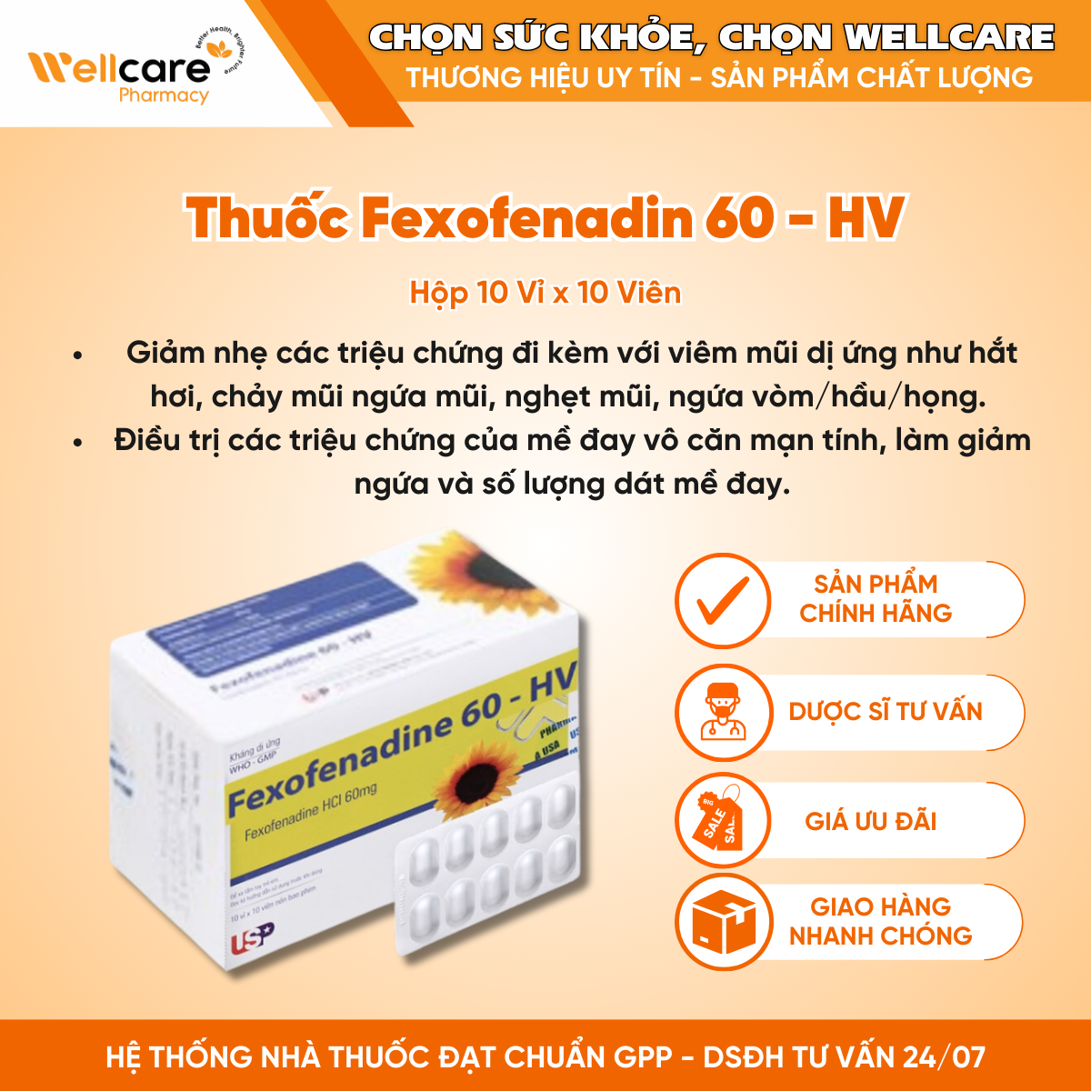 Thuốc Fexofenadin 60 HV US PHARMA – Trị viêm mũi dị ứng (Hộp 10 vỉ x 10 viên)