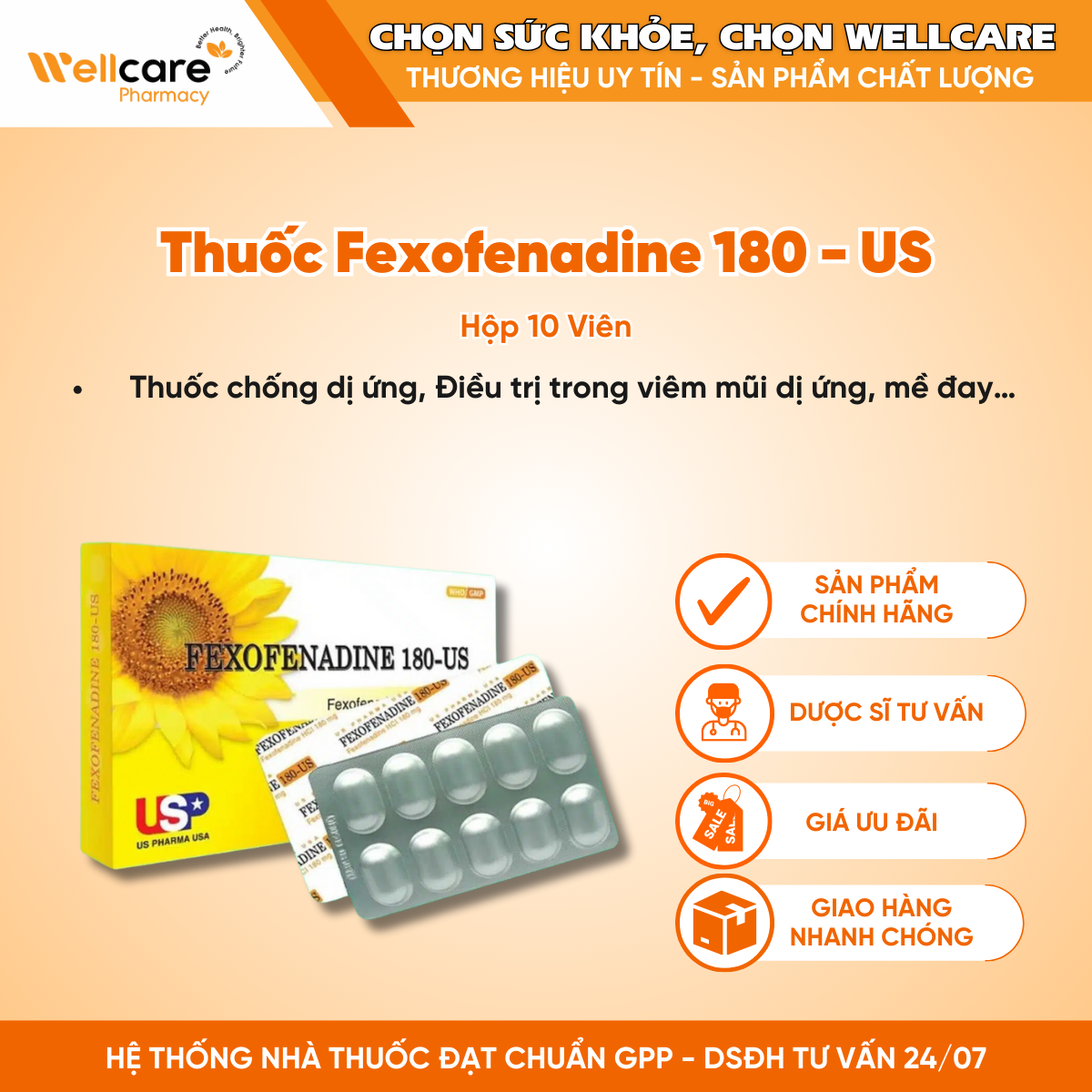 Thuốc Fexofenadine 180 – US – Thuốc chống dị ứng (Hộp 10 viên)