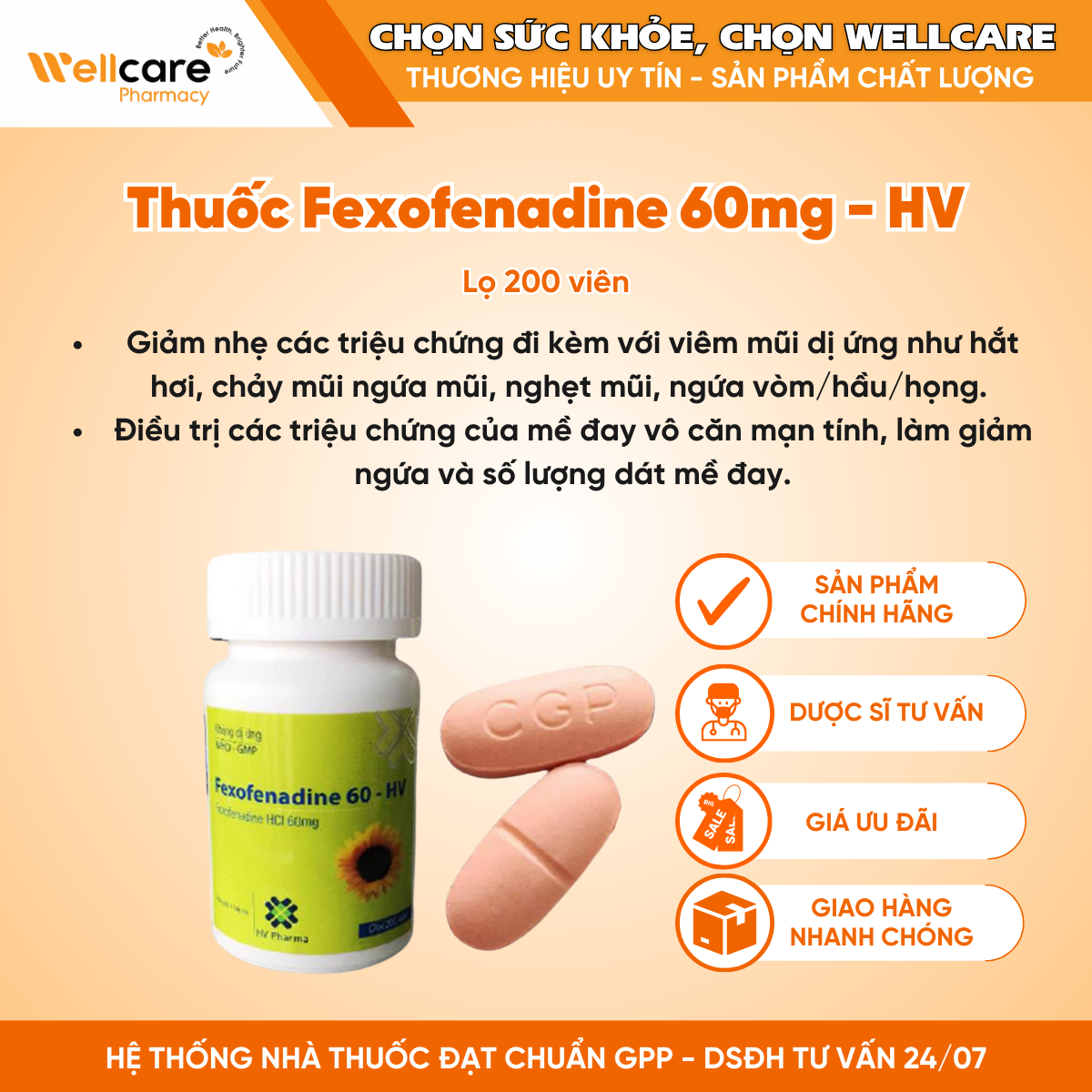 Thuốc Fexofenadine 60mg HV US Pharma – Điều trị hắt hơi, chảy mũi, ngứa mũi (Lọ 200 viên)