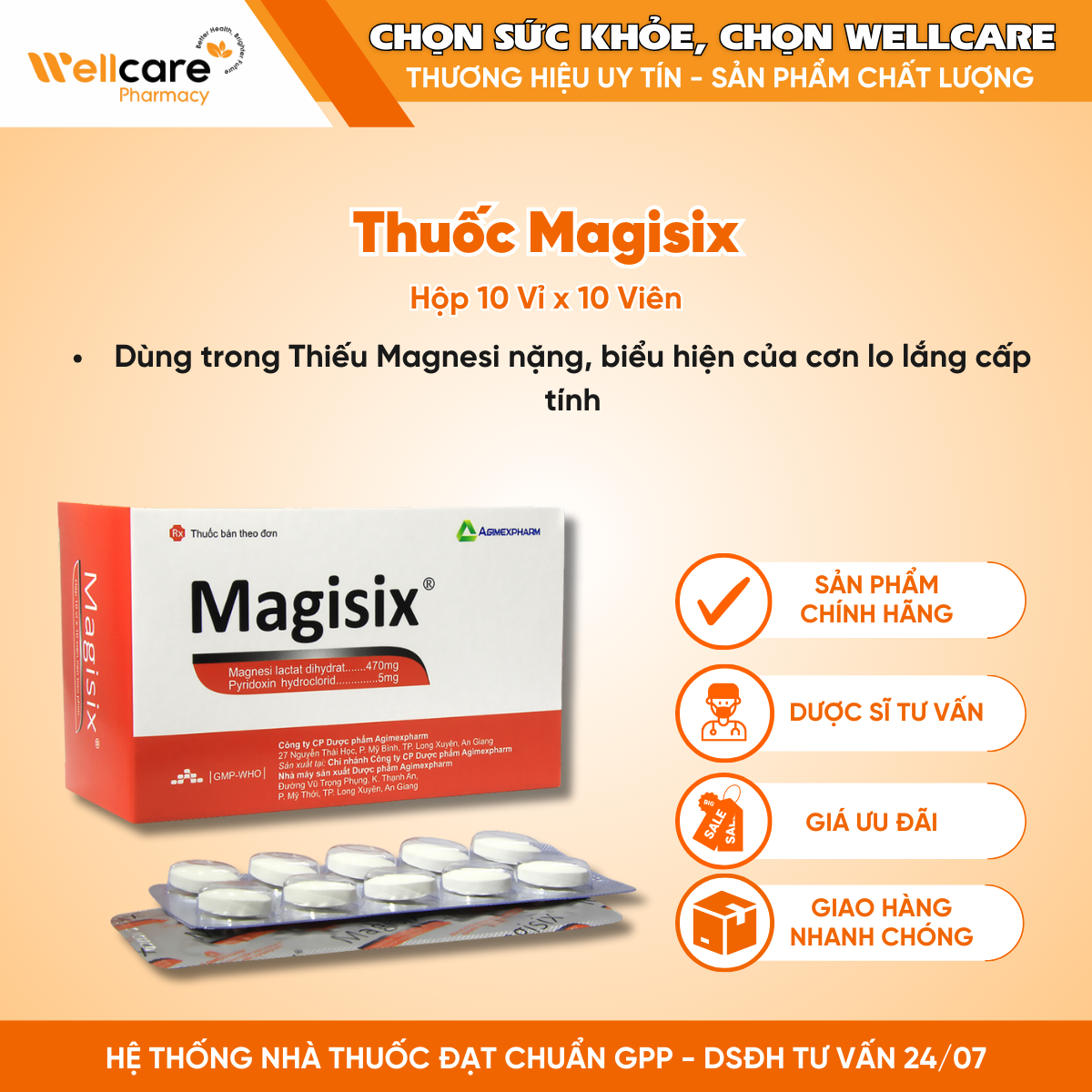 Thuốc Magisix 470mg Agimexpharm – Điều trị các bệnh lý thiếu magie (10 vỉ x 10 viên)