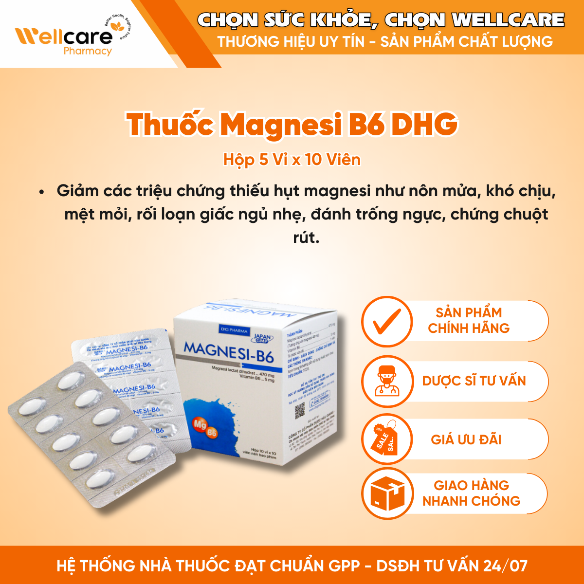 Thuốc Magnesi B6 DHG – Hỗ trợ điều trị thiếu magnesi (10 vỉ x 10 viên)