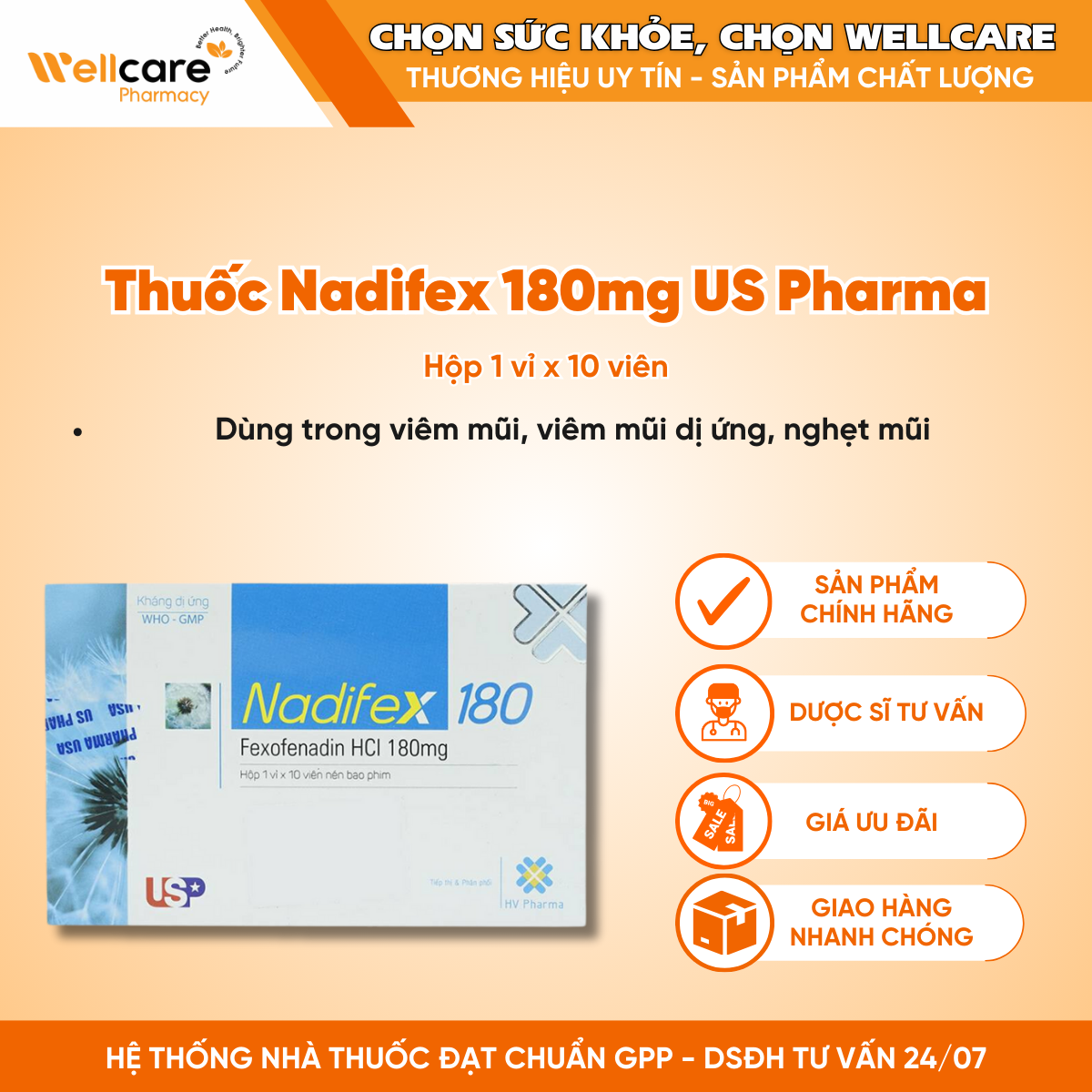 Thuốc Nadifex 180mg US Pharma – Giảm viêm mũi dị ứng (10 viên)