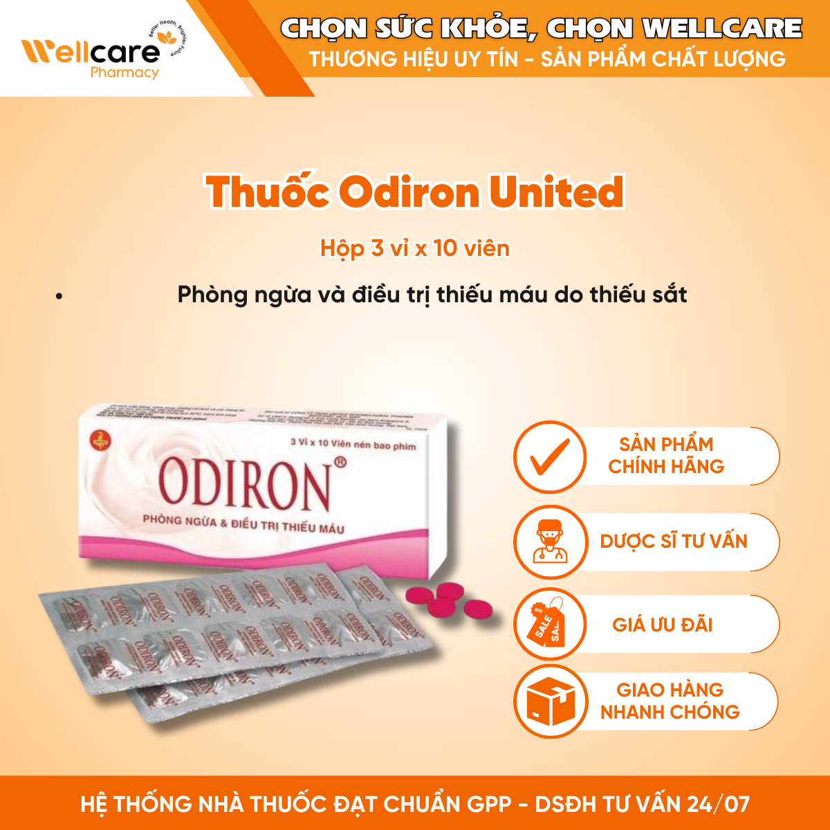 Thuốc Odiron United – Điều trị và dự phòng thiếu máu do thiếu sắt (3 vỉ x 10 viên)