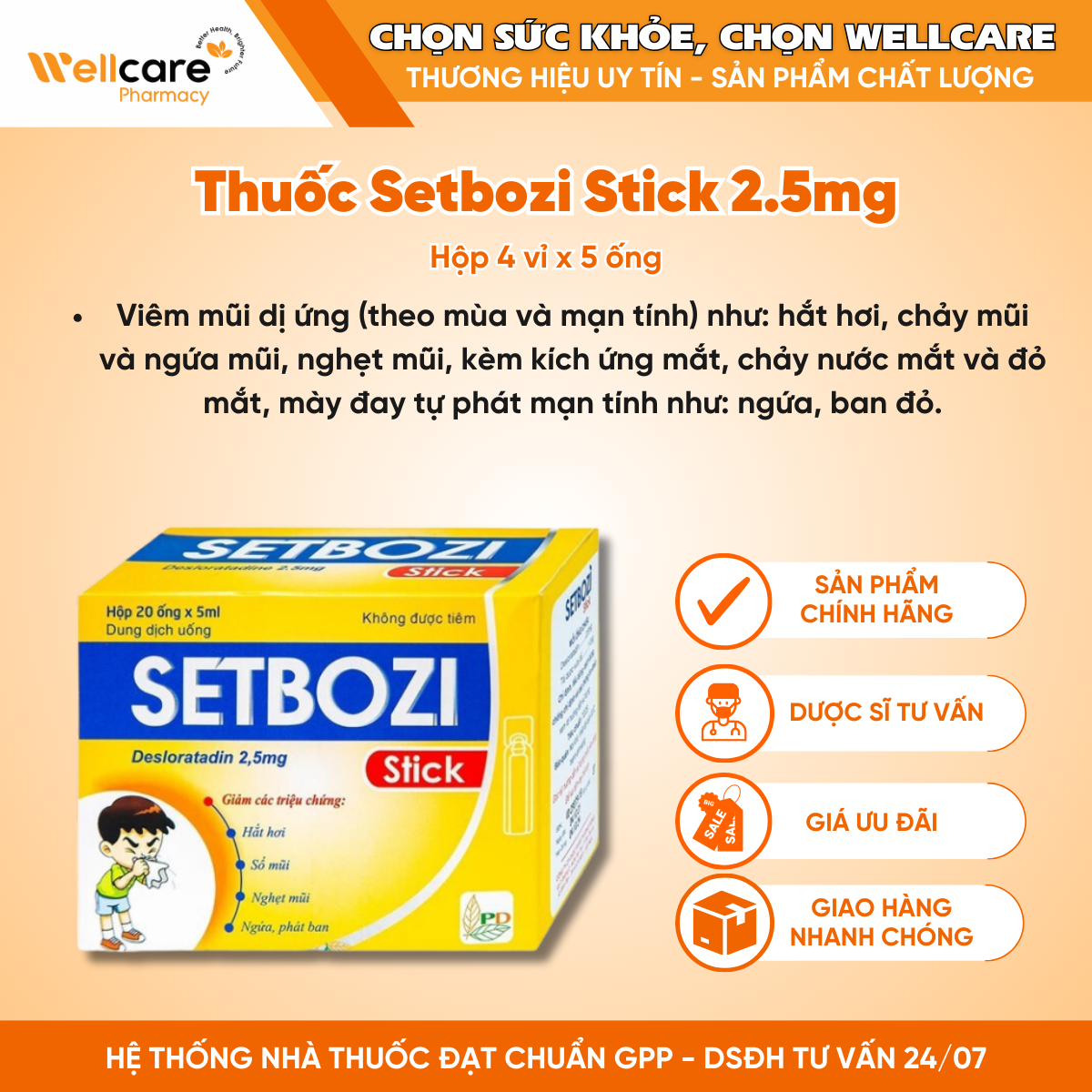 Thuốc Setbozi Stick 2.5mg – Giảm viêm mũi dị ứng (Hộp 20 ống x 5ml)