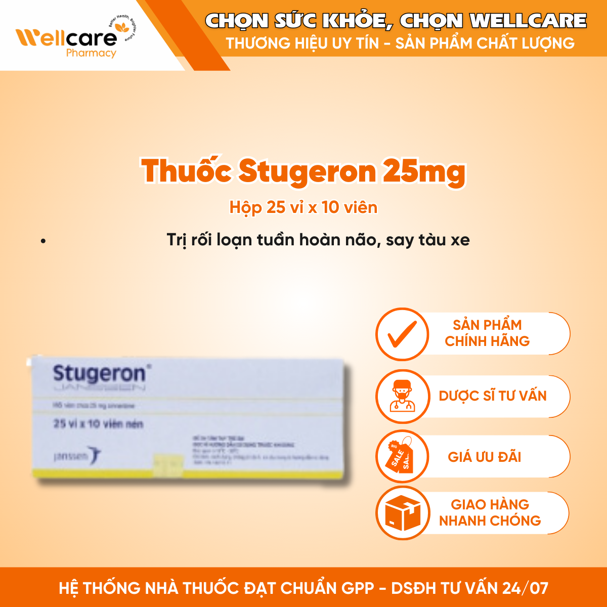 Thuốc Stugeron 25mg – Trị rối loạn tuần hoàn não, say tàu xe (25 vỉ x 10 viên)