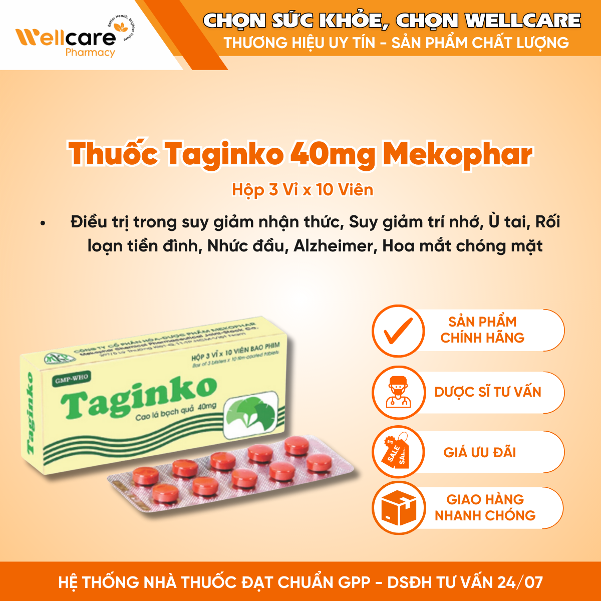 Thuốc Taginko 40mg Mekophar – Tăng cường tuần hoàn não bộ (3 vỉ x 10 viên)