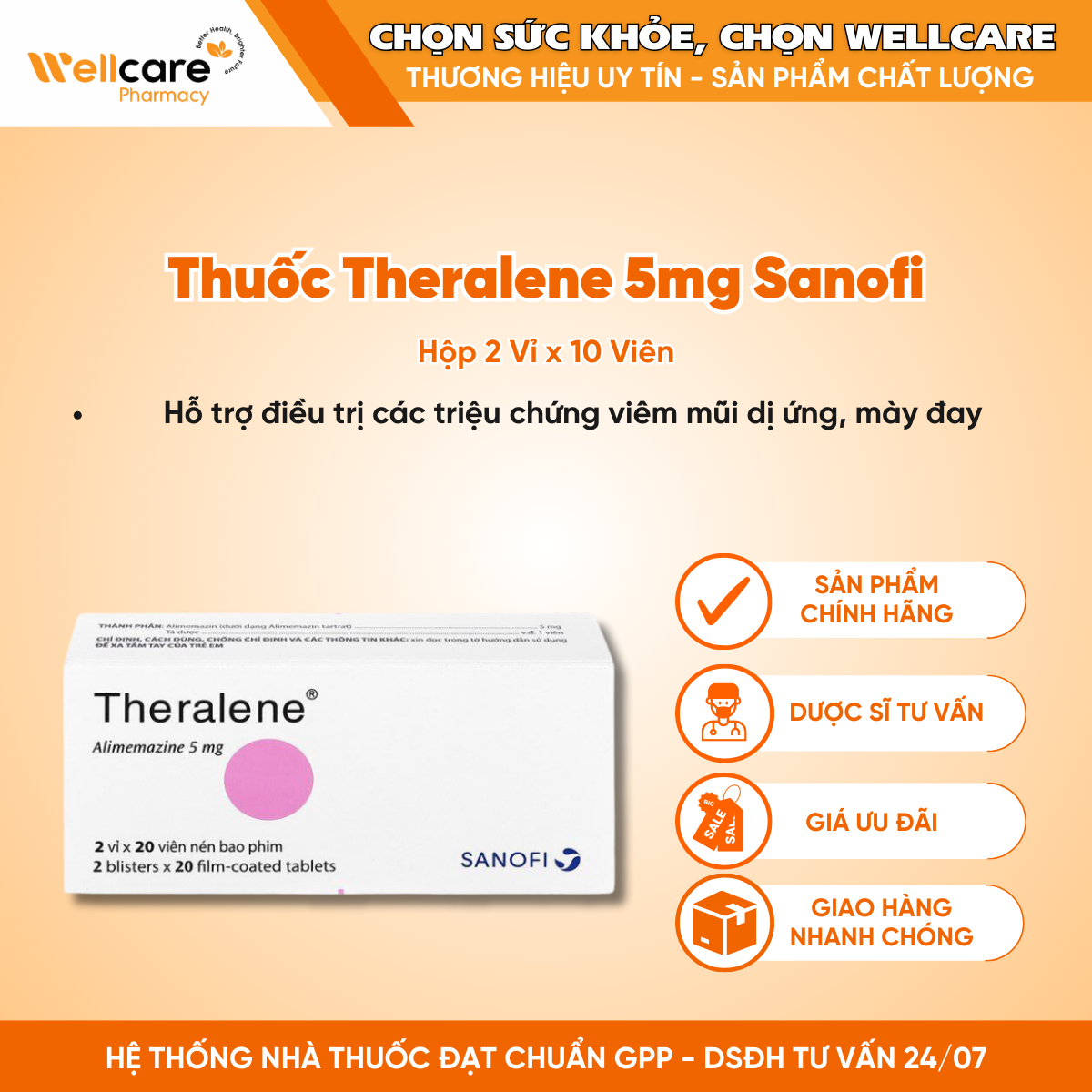 Thuốc Theralene 5mg Sanofi – Hỗ trợ điều trị các triệu chứng viêm mũi dị ứng, mày đay (40 viên)