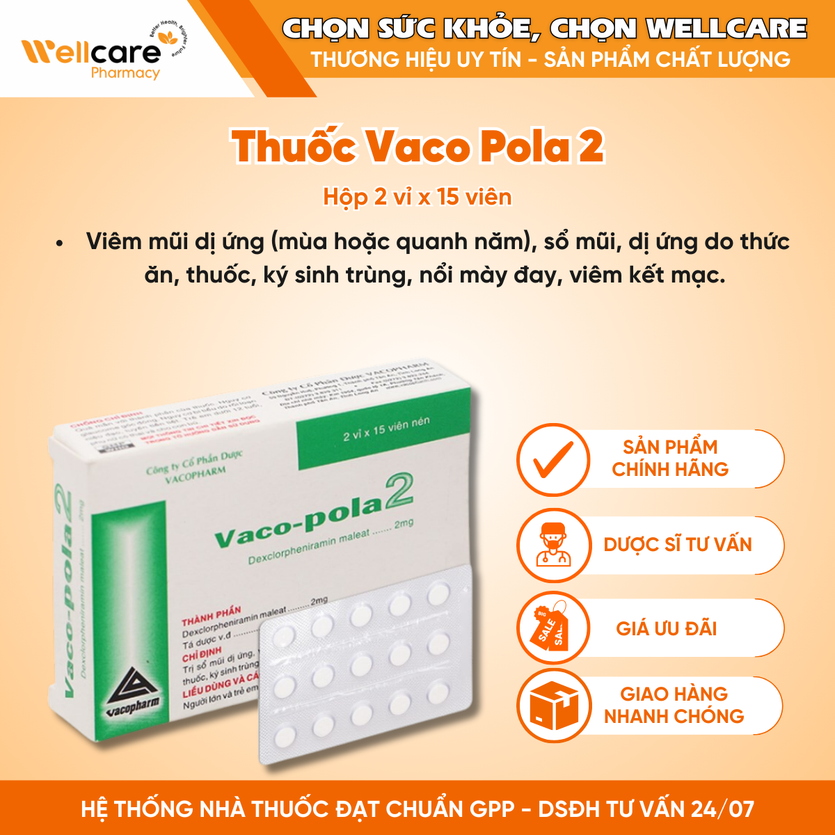 Thuốc Vaco Pola 2 – Điều trị sổ mũi dị ứng, viêm mũi (Hộp 2 vỉ x 15 viên)