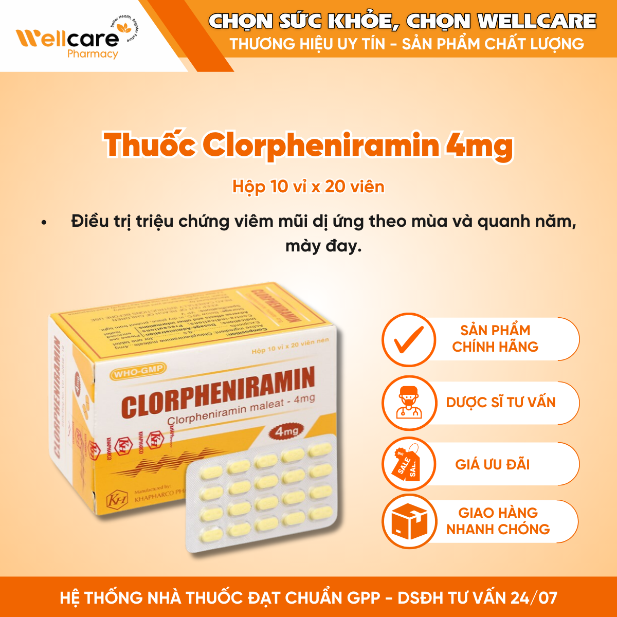 Thuốc Clorpheniramin 4mg Khánh Hòa – Điều trị dị ứng da & dị ứng đường hô hấp (Hộp 10 vỉ x 20 viên)