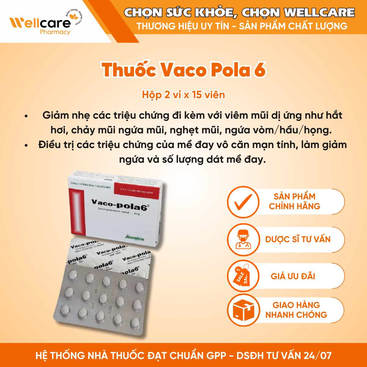 Thuốc Vaco Pola 6 – Điều trị sổ mũi dị ứng, viêm mũi (Hộp 2 vỉ x 15 viên)