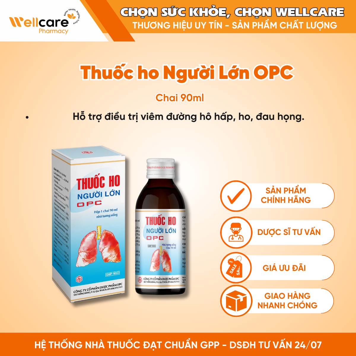 Thuốc ho Người Lớn OPC – Hỗ trợ điều trị viêm đường hô hấp, ho, đau họng (90ml)