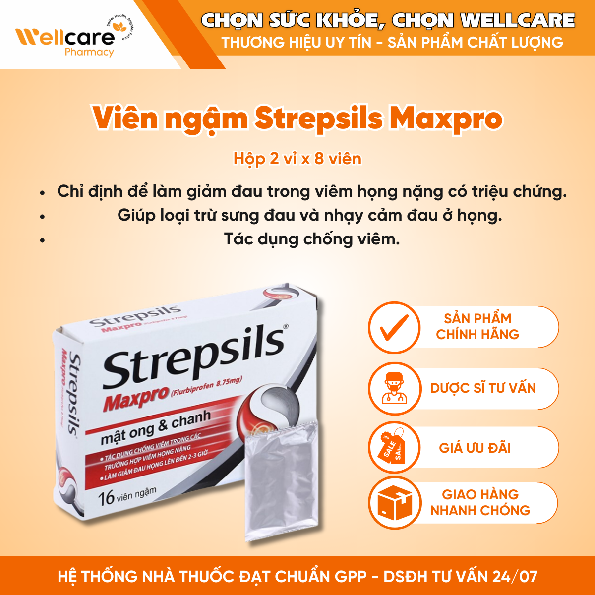 Viên ngậm Strepsils Maxpro Reckitt Benckiser – Giảm đau họng, chống viêm (2 vỉ x 8 viên)