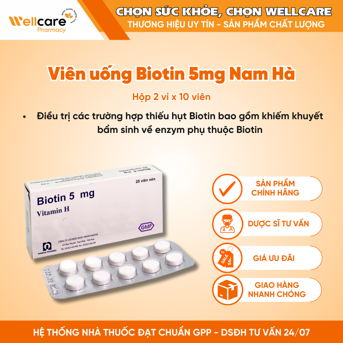 Viên uống Biotin 5mg Nam Hà (Hộp 2 vỉ x 10 viên)