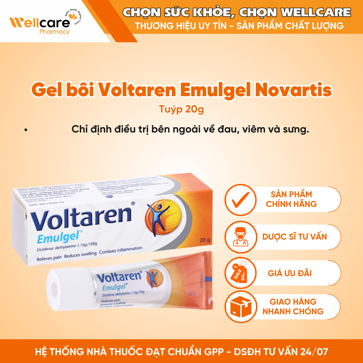 Gel bôi Voltaren Emulgel Novartis – Hỗ trợ giảm sưng, đau, kháng viêm (20g)