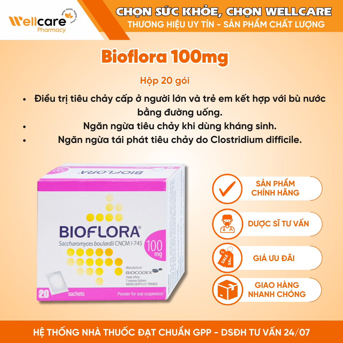 Bột pha hỗn dịch uống Bioflora 100mg Biocodex – Phòng và điều trị tiêu chảy (Hộp 20 gói)