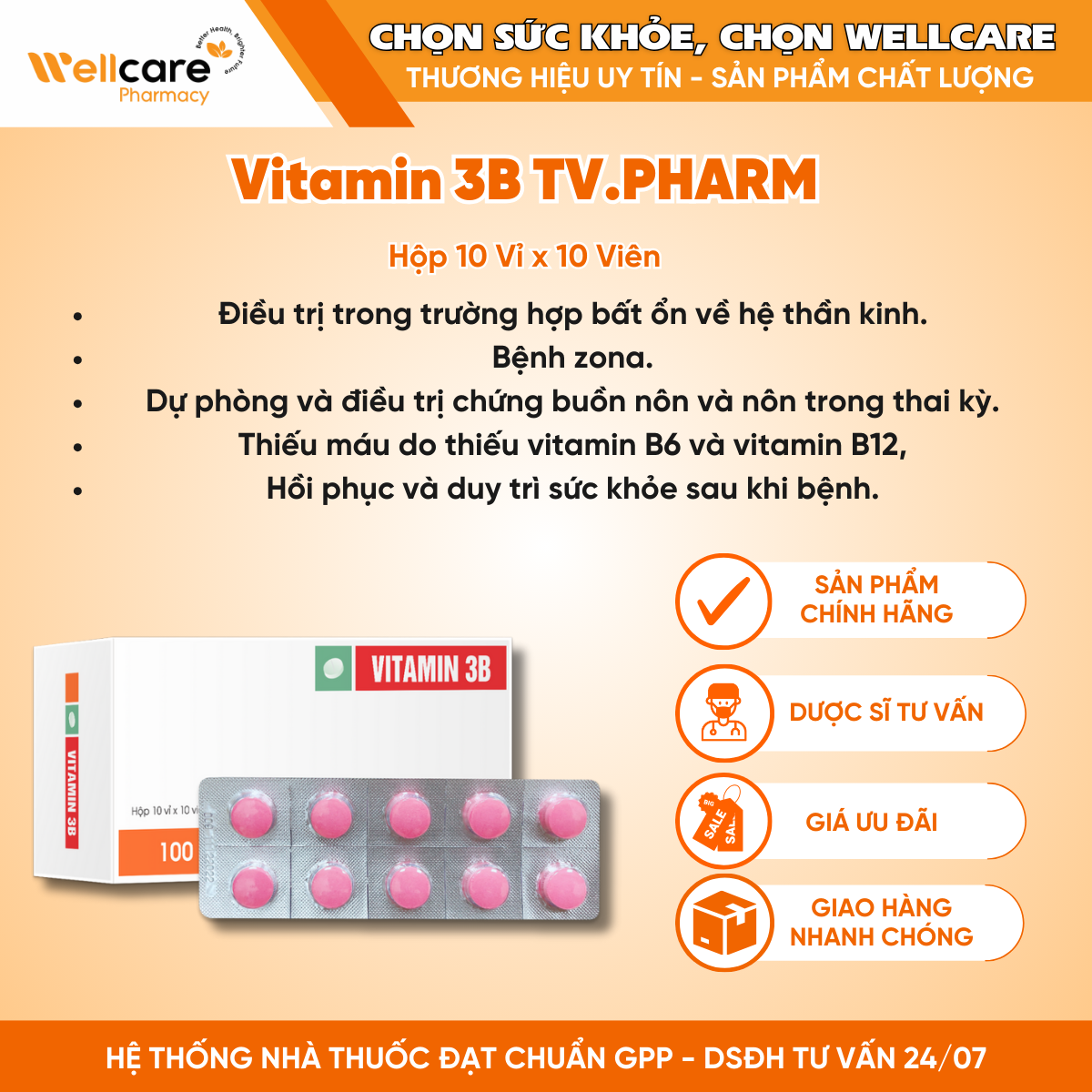 Viên uống Vitamin 3B TV.PHARM – Giúp bổ sung nhóm vitamin B cho cơ thể (Hộp 10 vỉ x 10 viên)