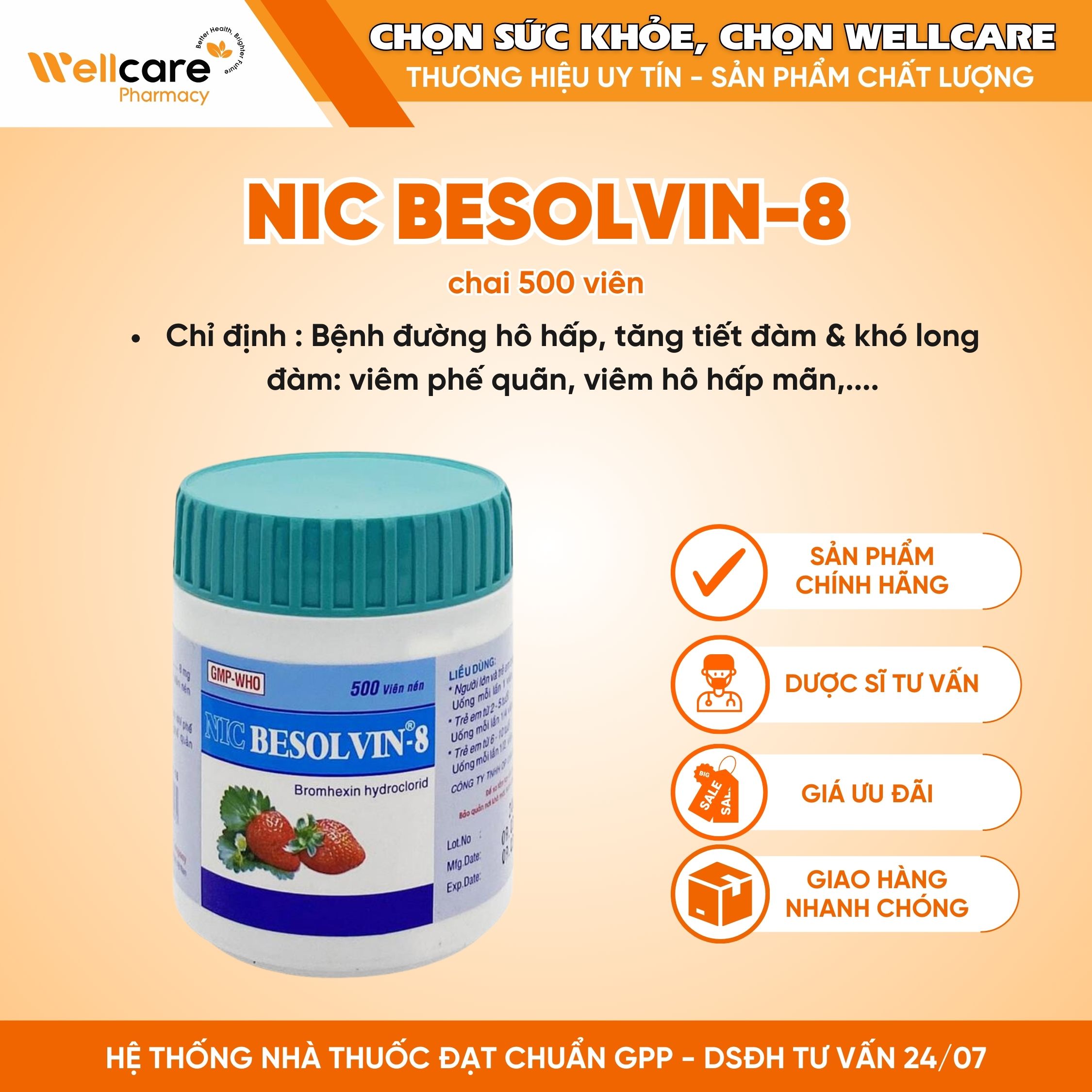 Thuốc Besolvin 8 (Bromhexin) NIC – Điều trị ho, long đờm (Lọ 500 viên)