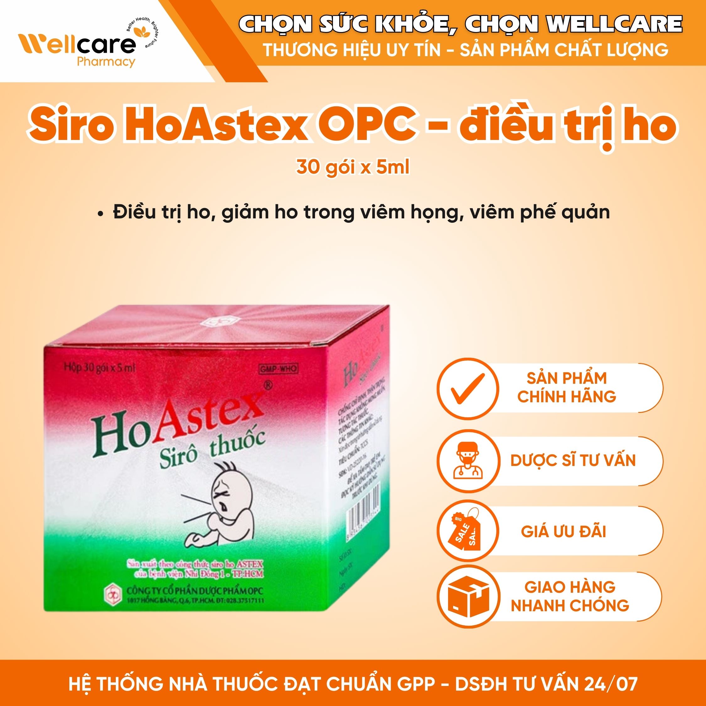 Thuốc HoAstex OPC – Điều trị ho, viêm đường hô hấp (Hộp 30 gói x 5ml)