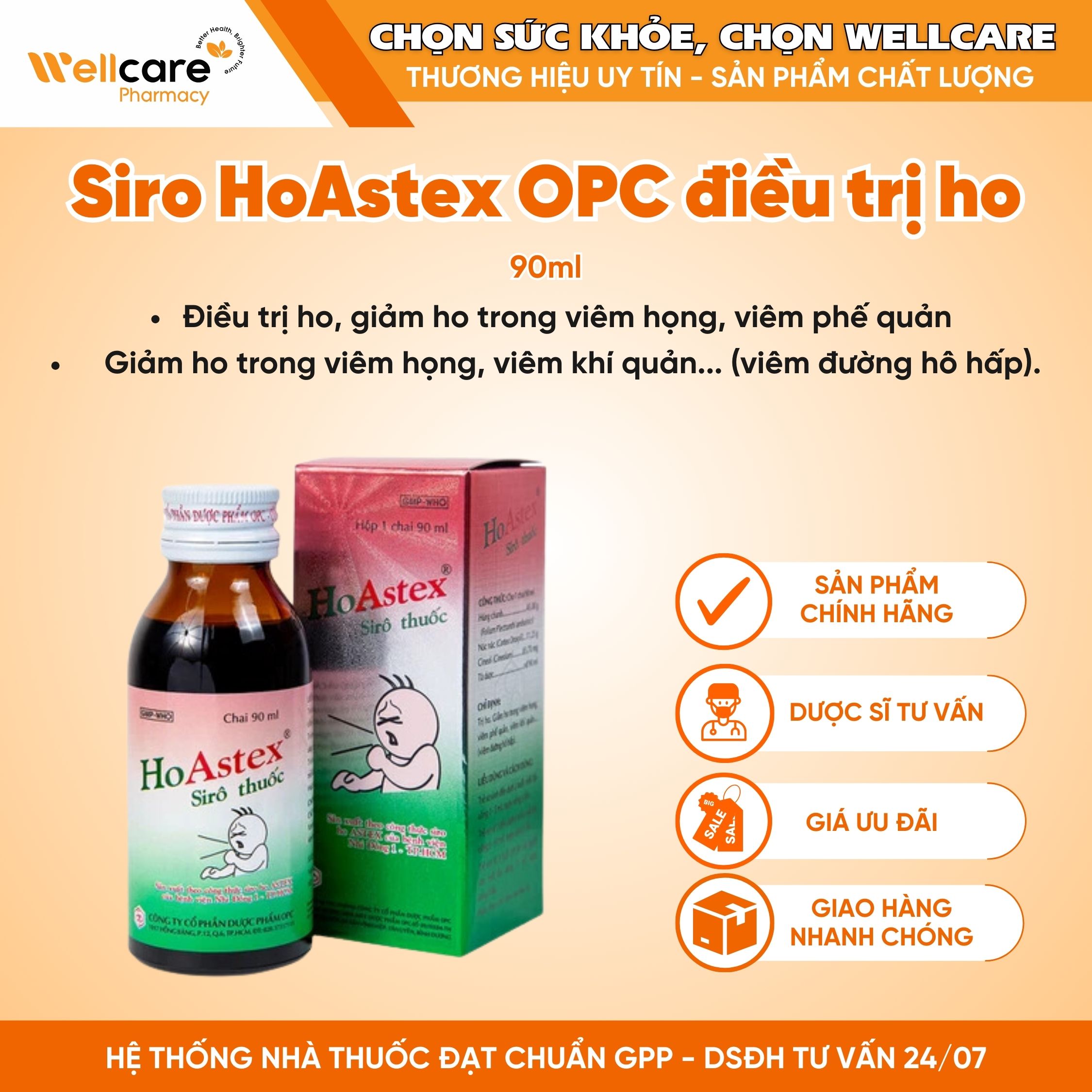 Siro thuốc HoAstex OPC – Hỗ trợ giảm ho, viêm họng, viêm phế quản (90ml)