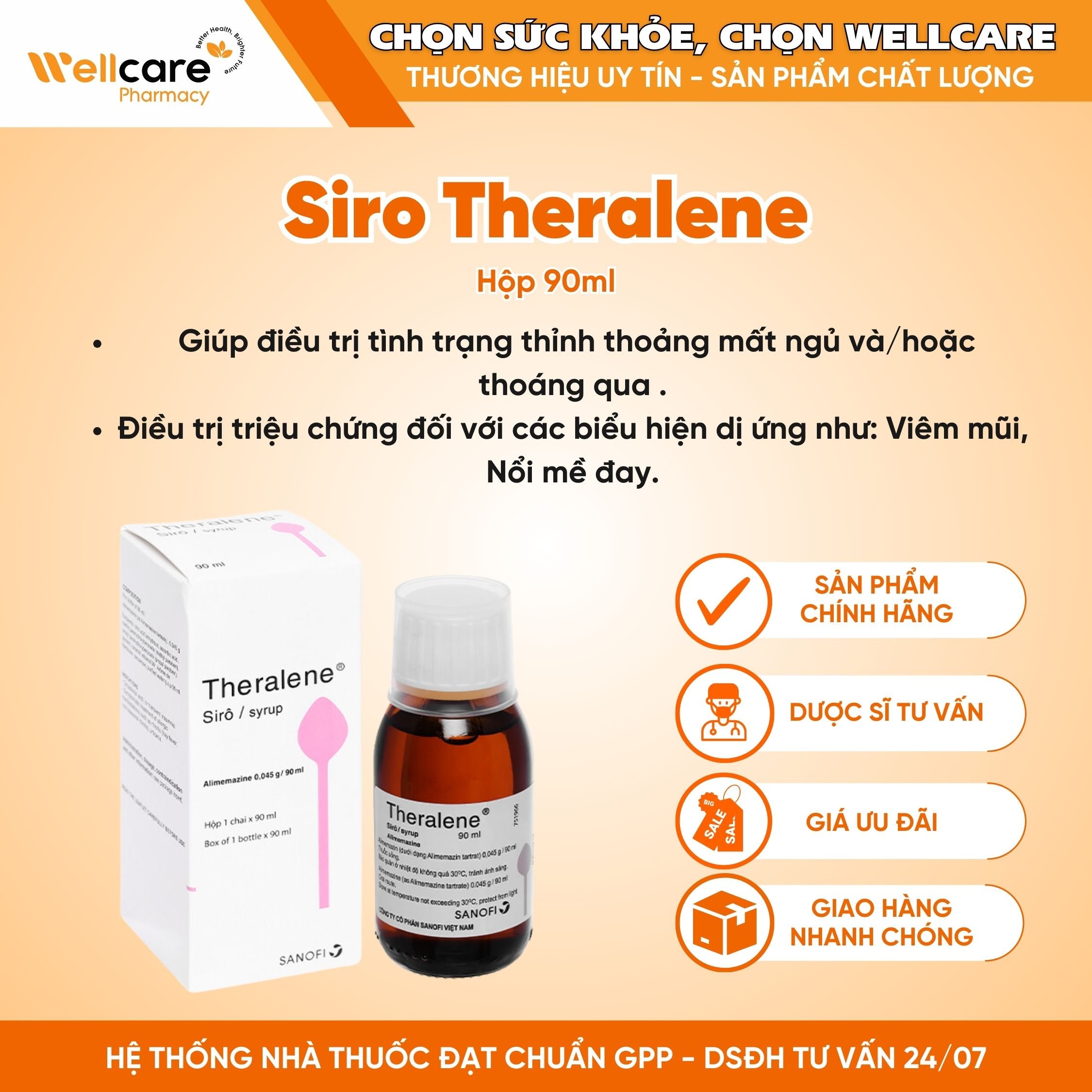 Siro Theralene Sanofi – Hỗ trợ điều trị các triệu chứng viêm mũi dị ứng, mày đay (90ml)