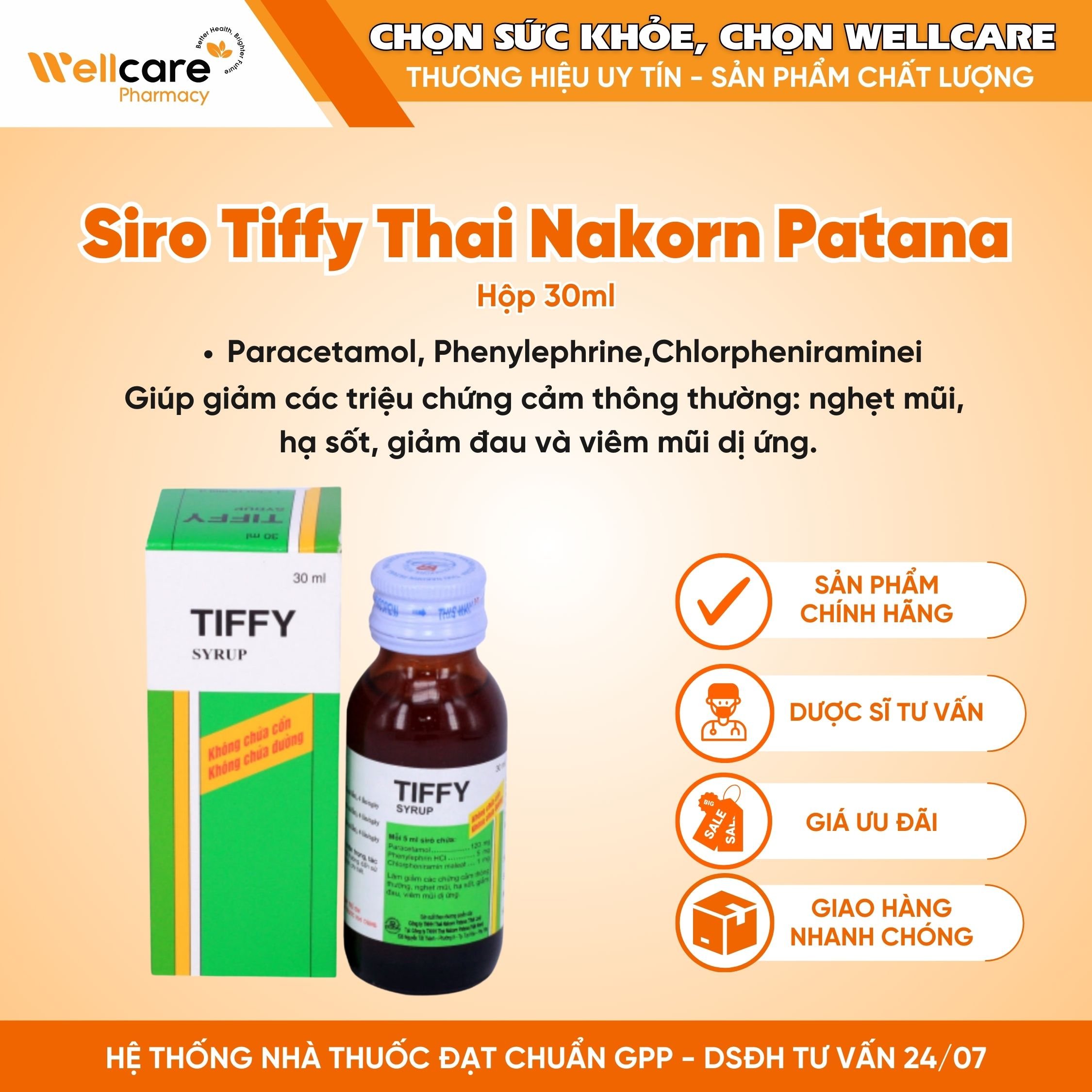 Siro Tiffy Thai Nakorn Patana – Hỗ trợ giảm đau hạ sốt, viêm mũi dị ứng (30ml)